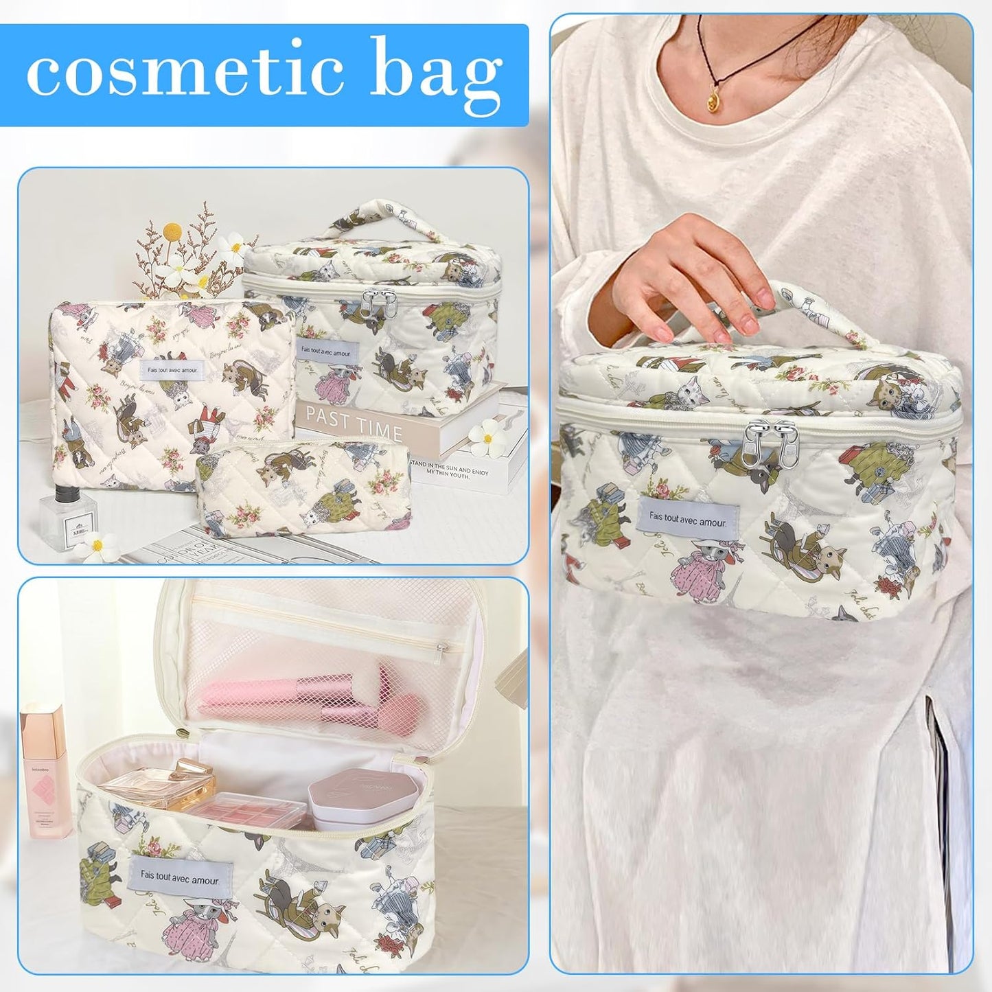 Quilted Makeup Bag, Large Capacity Travel Cosmetic Bag for Women and Girls, Aesthetic Storage for Daily and Travel Use (3pcs-catanimalprint, Pink Bow)