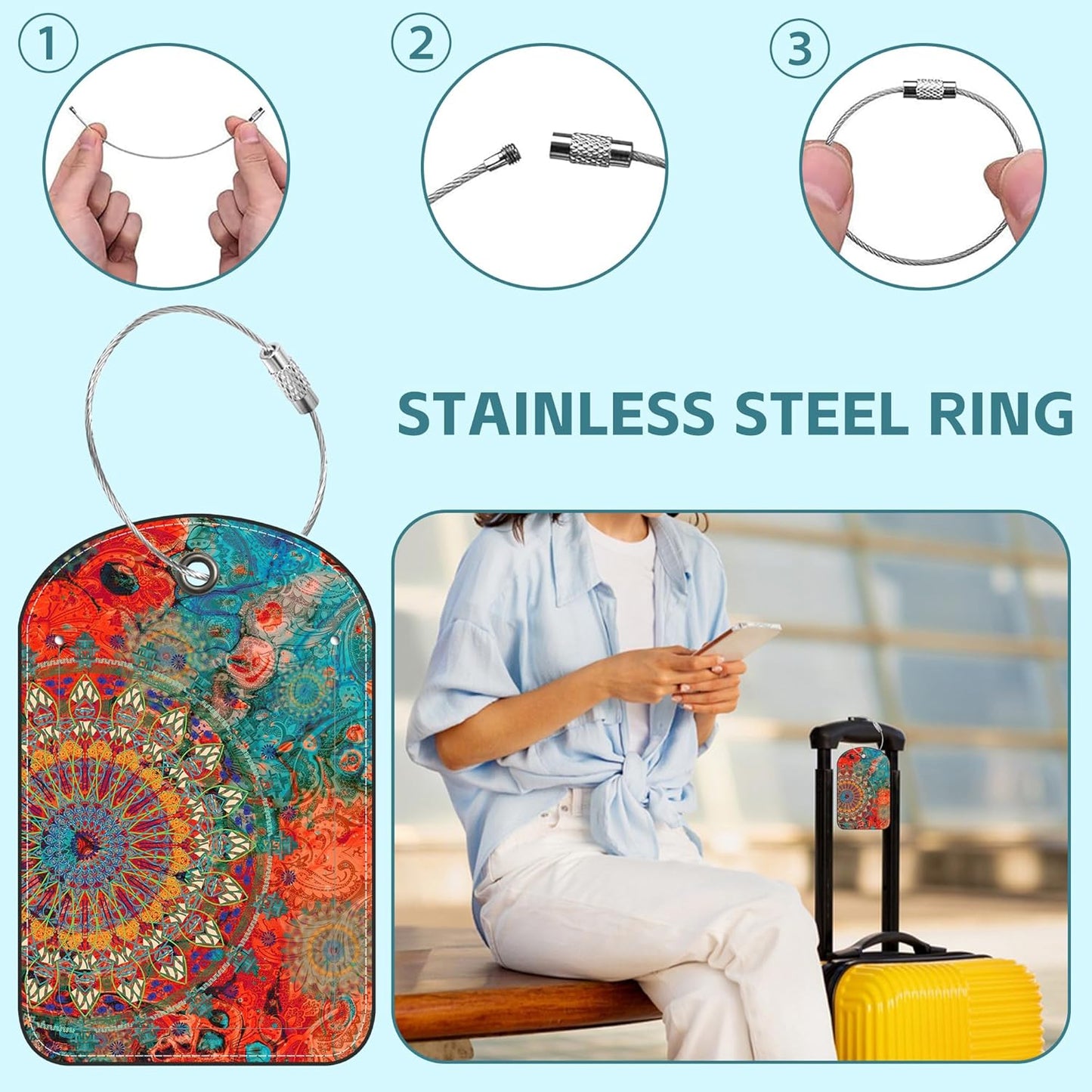 2 Pack Cute Luggage Tag for Suitcases Mandala Art Leather Luggage Tags with Stainless Steel Loop Privacy Flap Name Tags,Men and Women Travel Bag Suitcase Tags