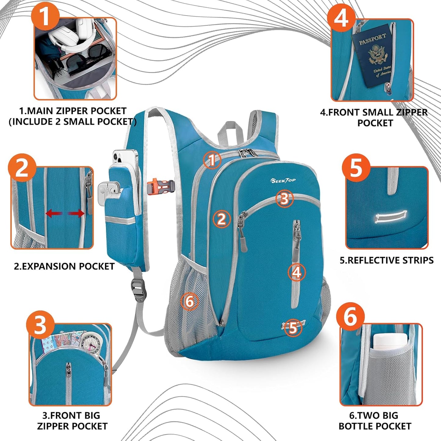 Seektop Small Hiking Backpack 12L to 15L Expandable Travel Packable Waterproof Daypack Lightweight Hiking Bag for Women Men