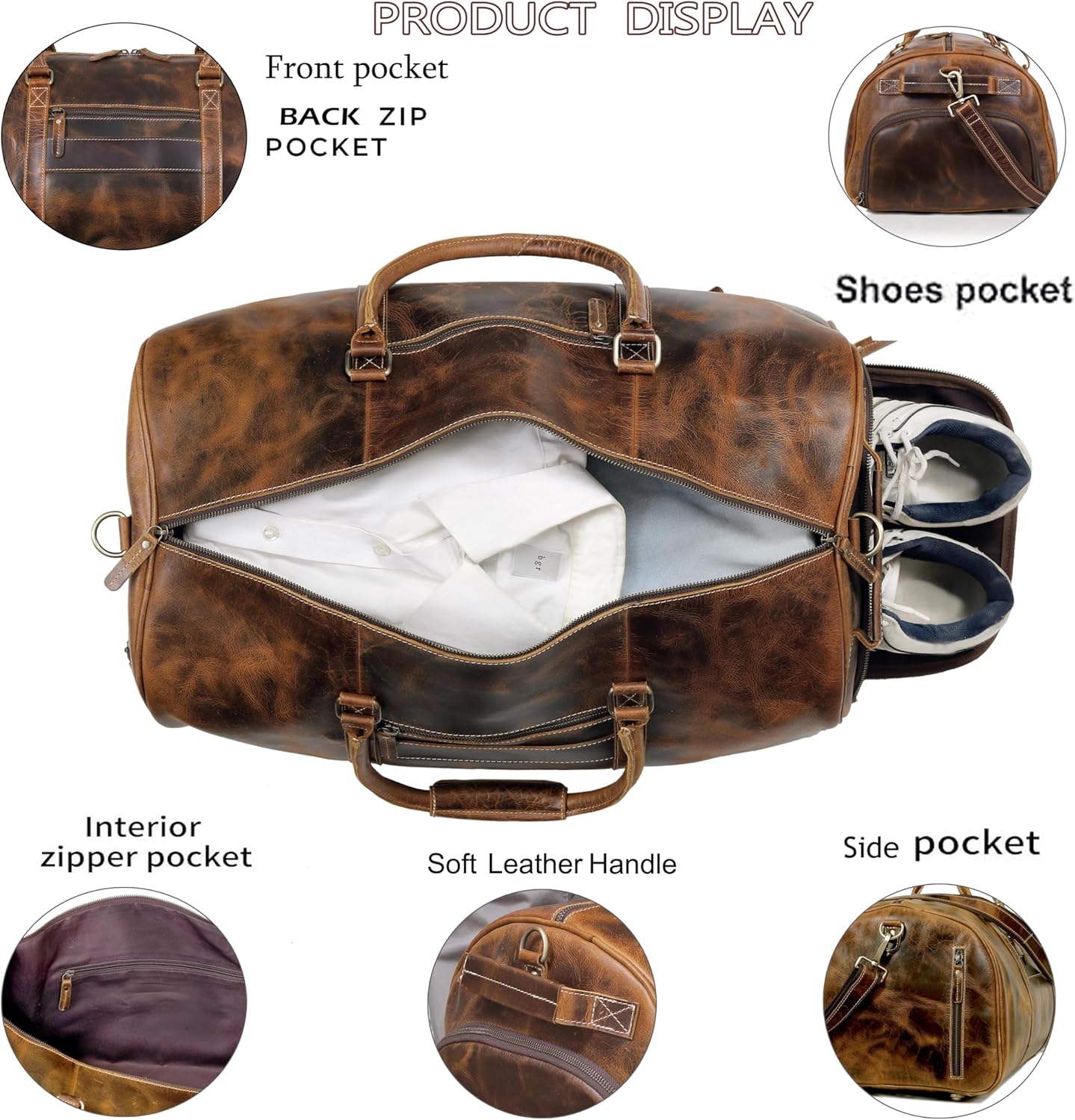 Vintage Leather Duffle Travel Duffel with Shoe Compartment Weekender Overnight Bag Carry on Duffel Bag for Men and Women Leather Sports Duffle Gym bag for Men