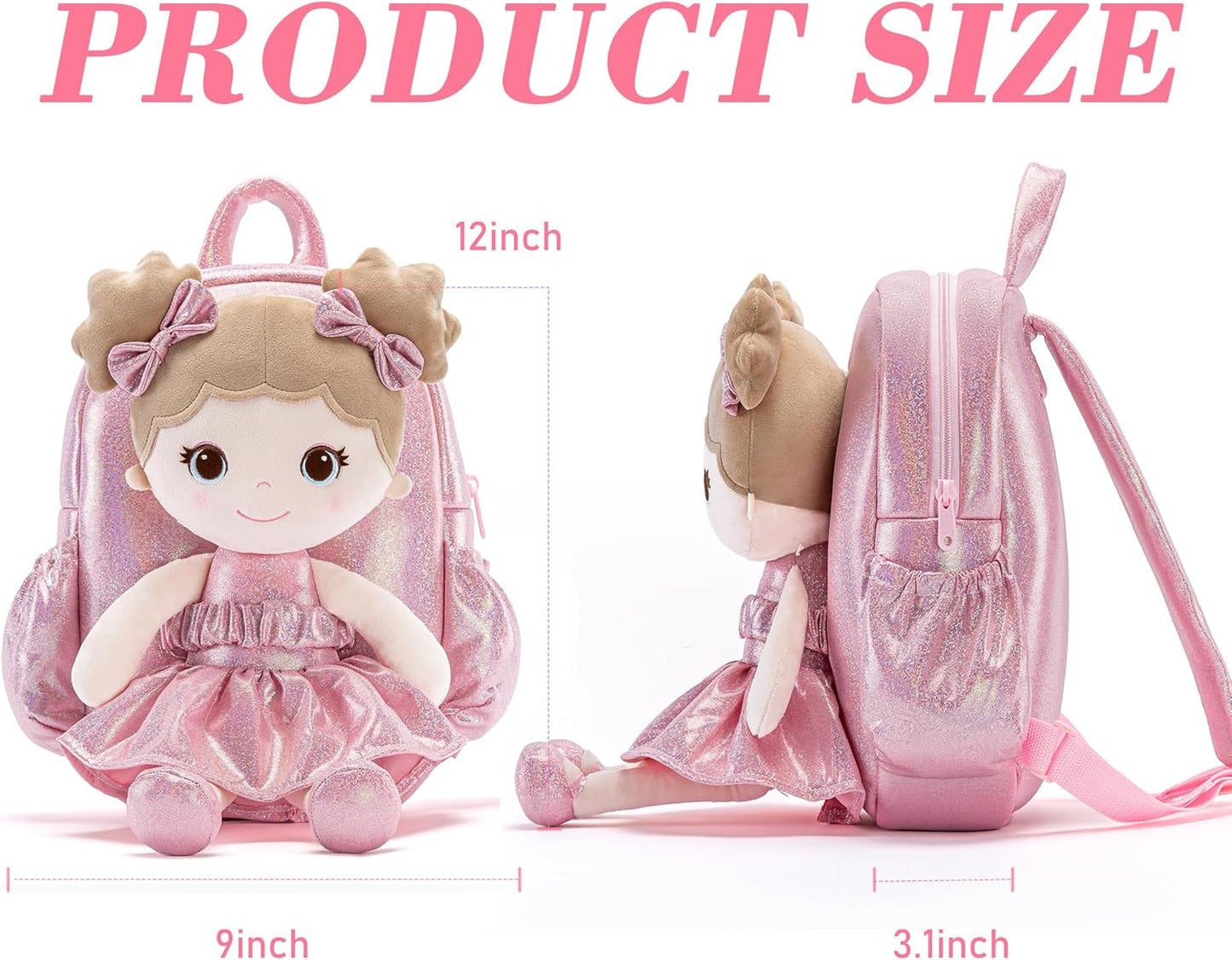 Lazada Toddler Backpack - Baby Girl Gifts Curly Fingerprints Plush Doll Dress Backpack - Fashion Girls Curly Rolled Fingerprints Series - Apricot Pink 11 Inches