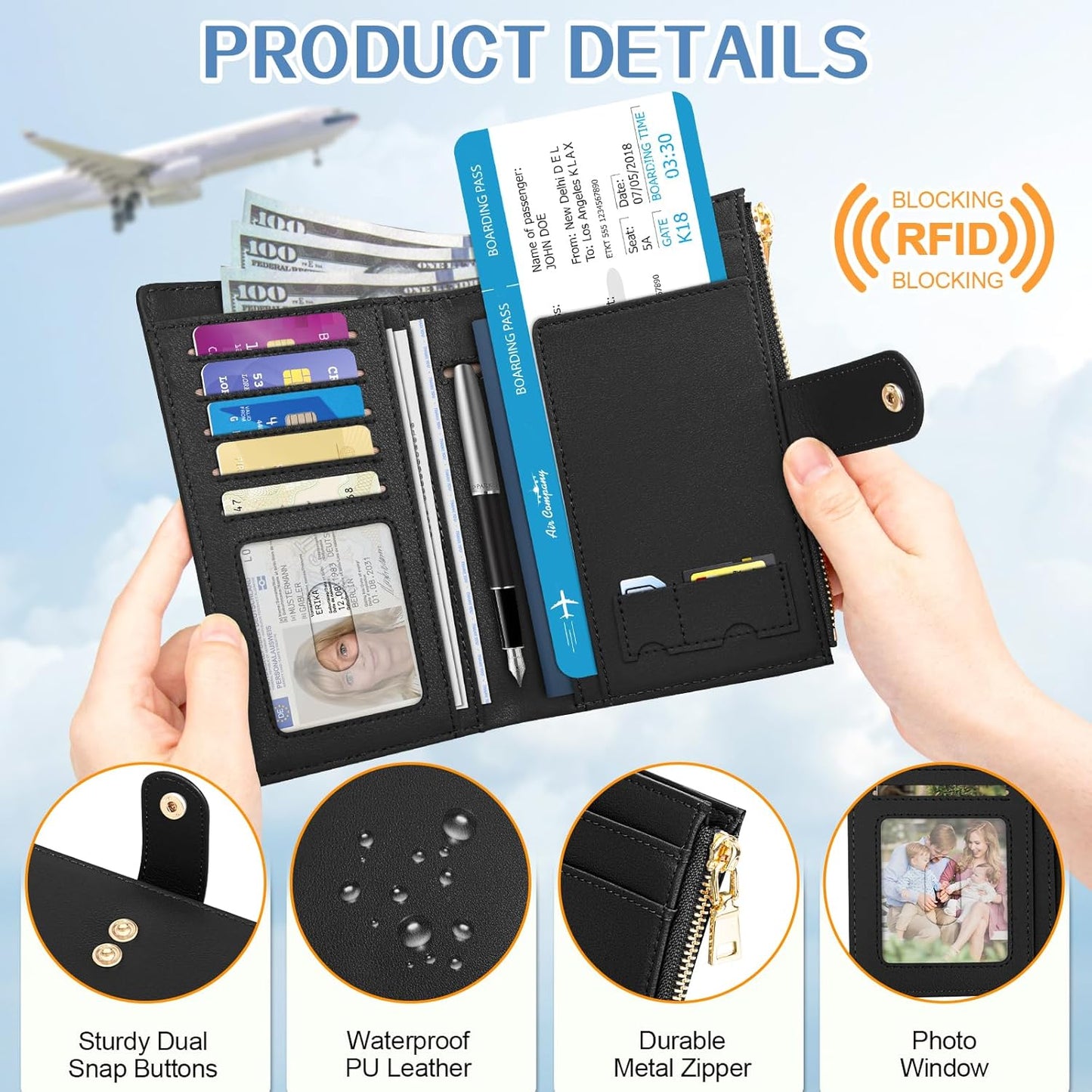 Passport Holder for Travel Women, RFID Blocking Passport Wallet with Airtag Slot, PU Leather Passport Cover Travel Wallet with Zippered Coins Pocket for Travel Essentials