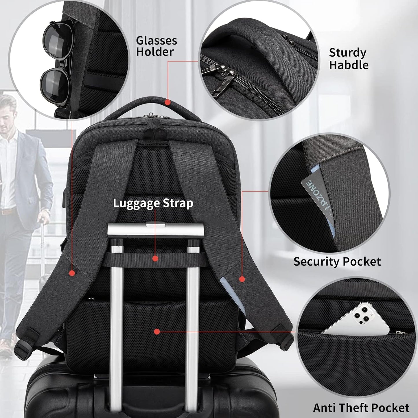 DUSLANG 17 Inch Laptop Backpack for Travel Water Resistant College Backpack for Men/Women Laptop Bag with USB Charging Port and clear Cosmetic Toiletry Bag, Black