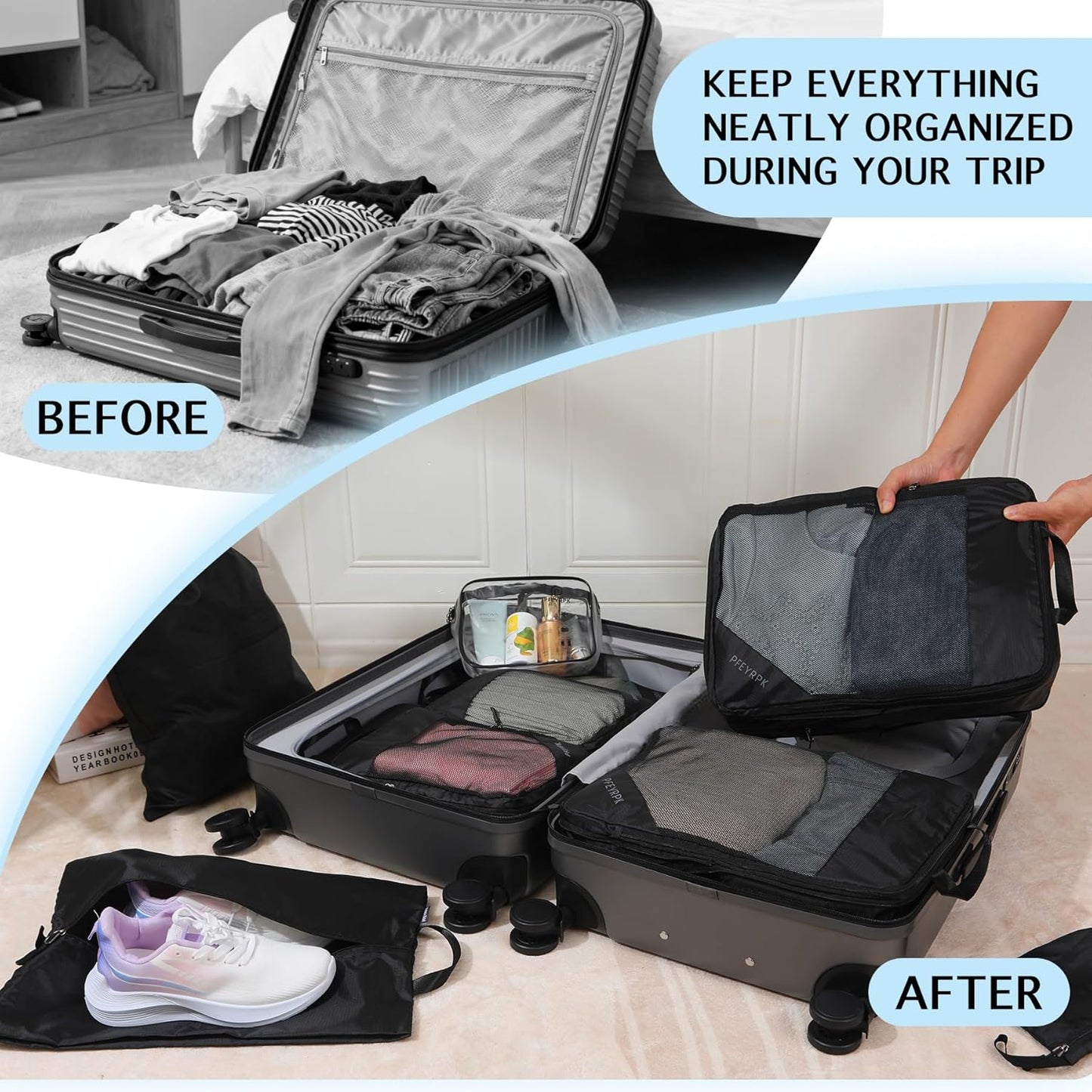 Lightweight Compression Packing Cubes for Suitcases, Compressible Expandable Travel Packing Organizer with Clear Toiletries and Backpack Bag, Travel Essentials for Carry on Luggage 7 Set