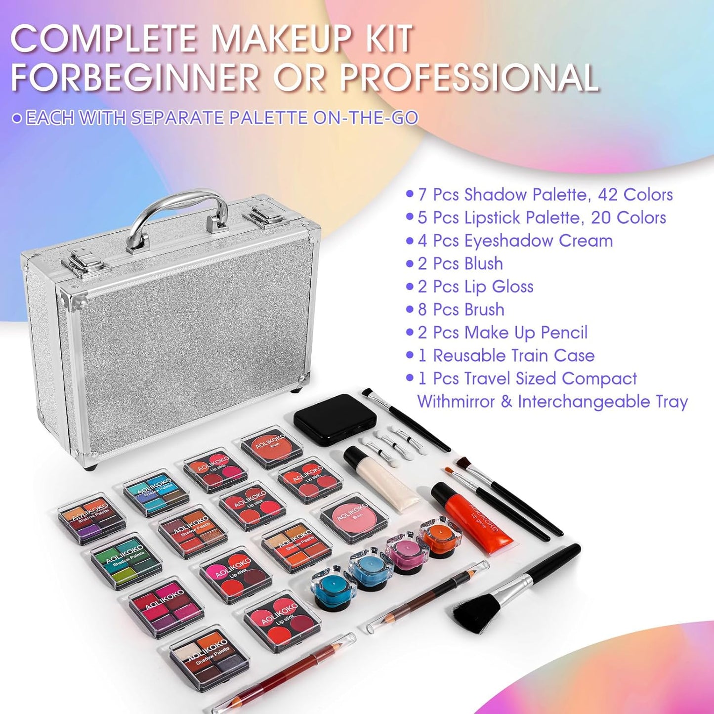 Makeup Kit for Teenager & Women Full Kit, All- In- One Makeup Set With The Cosmetic Train Case, Professional Makeup Kit, Makeup Gift Set for Women Girls(silver)