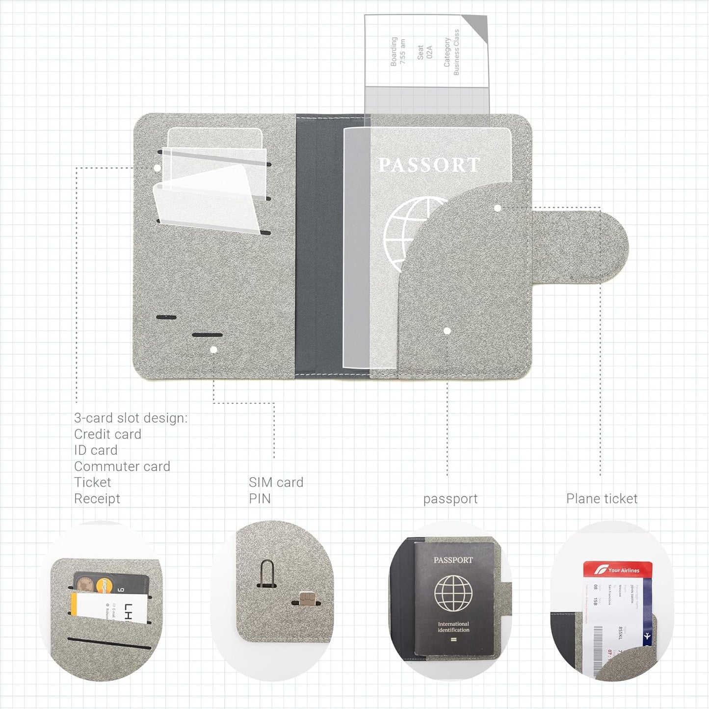 LHiDS Leatherette Passport Holder with RFID Protection, Premium PU Leather, Snap Button Closure, Travel Passport Wallet Cover for Passport, Boarding Passes, Business Cards, Cash (Grey)