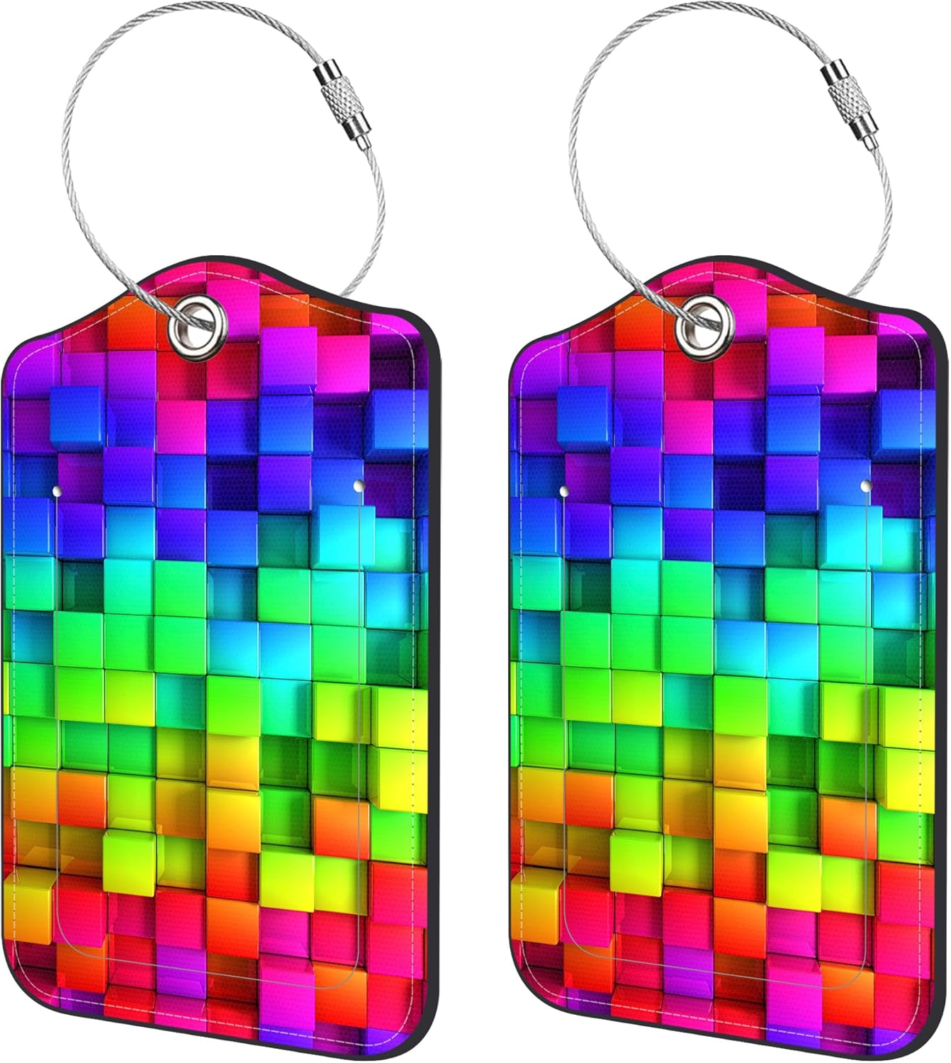 2 Pack Luggage Tags for Suitcase,Bright Colorful Blocks PU Leather Idea Baggage Tag with Name Labels Privacy Cover Metal Ring Men and Women Travel Cruise Labels