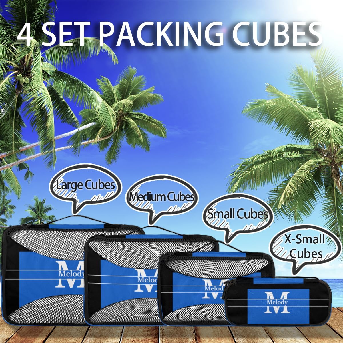 Custom Packing Cubes with Name and Initial Letter, 4Pcs/Set Travel Luggage Packing Organizers Set for Men and Women, Navy Blue with Black