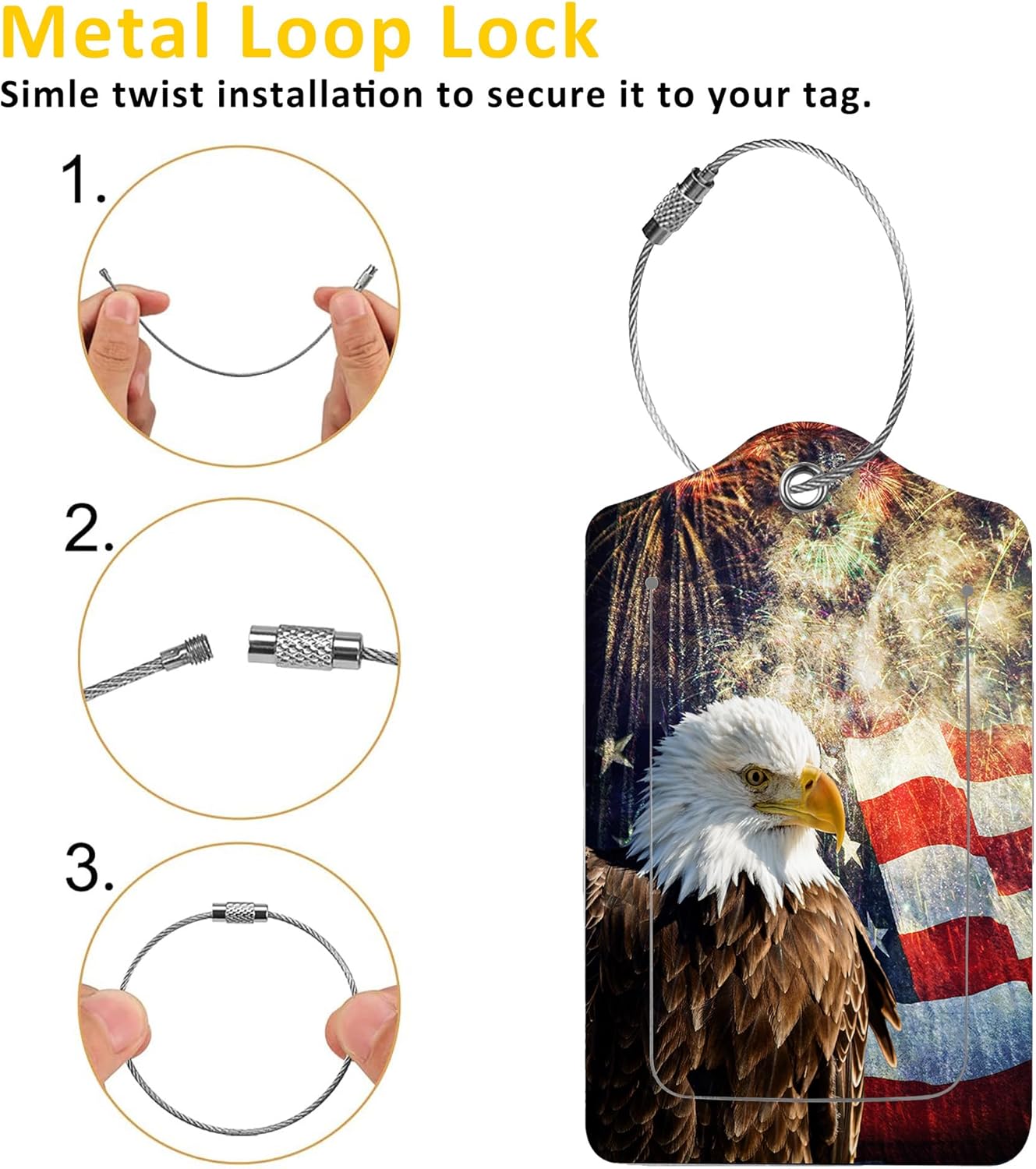2 Pack Luggage Tags for Suitcases,Bald Eagle with USA Flag Luggage Tag,PU Leather Id Label Luggage Tags with Stainless Steel Loop and Privacy Cover for Women Men Teens Travel