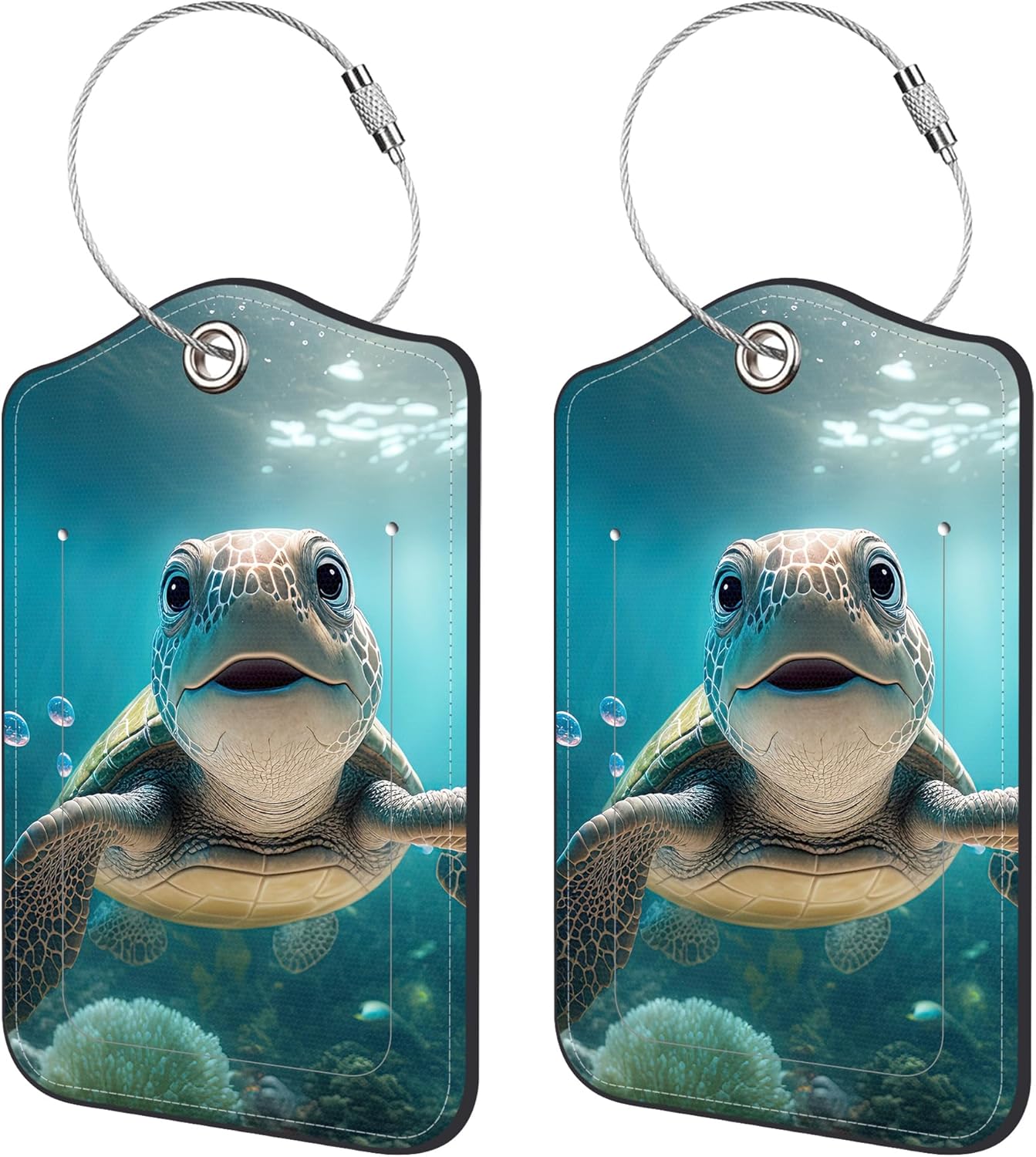2 Pack Luggage Tags,Green Turtle PU Leather Idea Baggage Tag with ID Labels Privacy Cover Metal Ring Men and Women Travel Bag Labels
