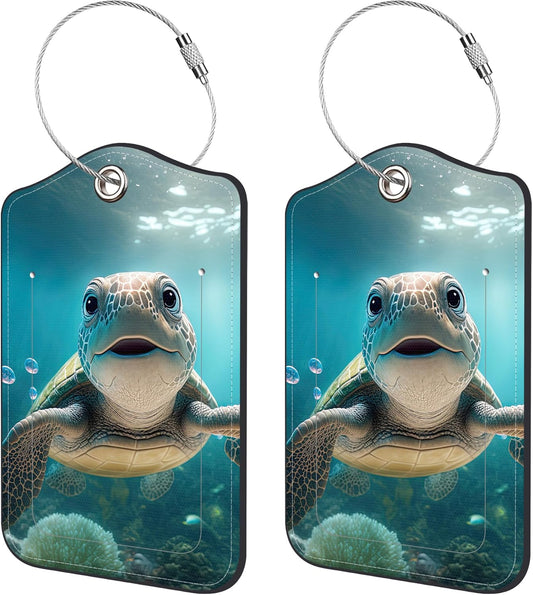 2 Pack Luggage Tags,Green Turtle PU Leather Idea Baggage Tag with ID Labels Privacy Cover Metal Ring Men and Women Travel Bag Labels