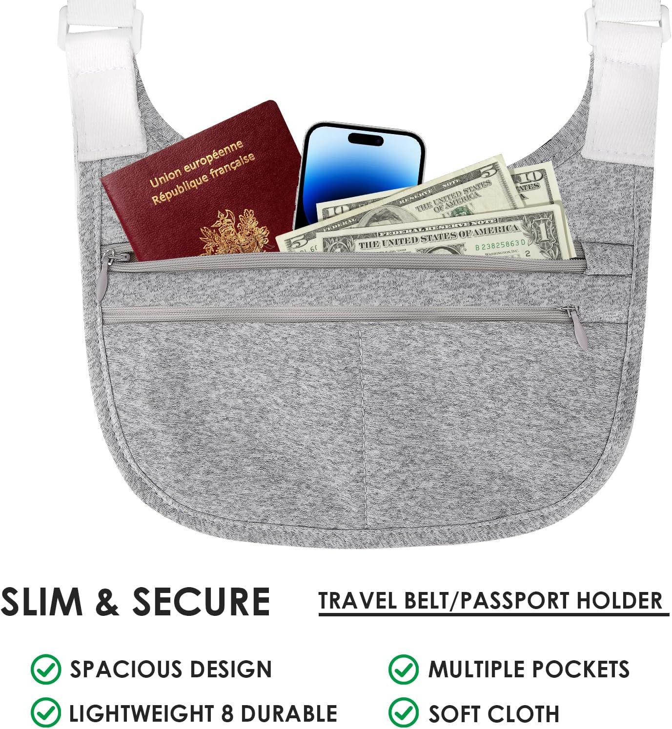 Travel Money Belt Cashsafe Anti Theft Travel Wallet, Fanny Packs for Passport Holder Hidden Under Clothes, Running Bag to Carry Phone Keys (Grey)