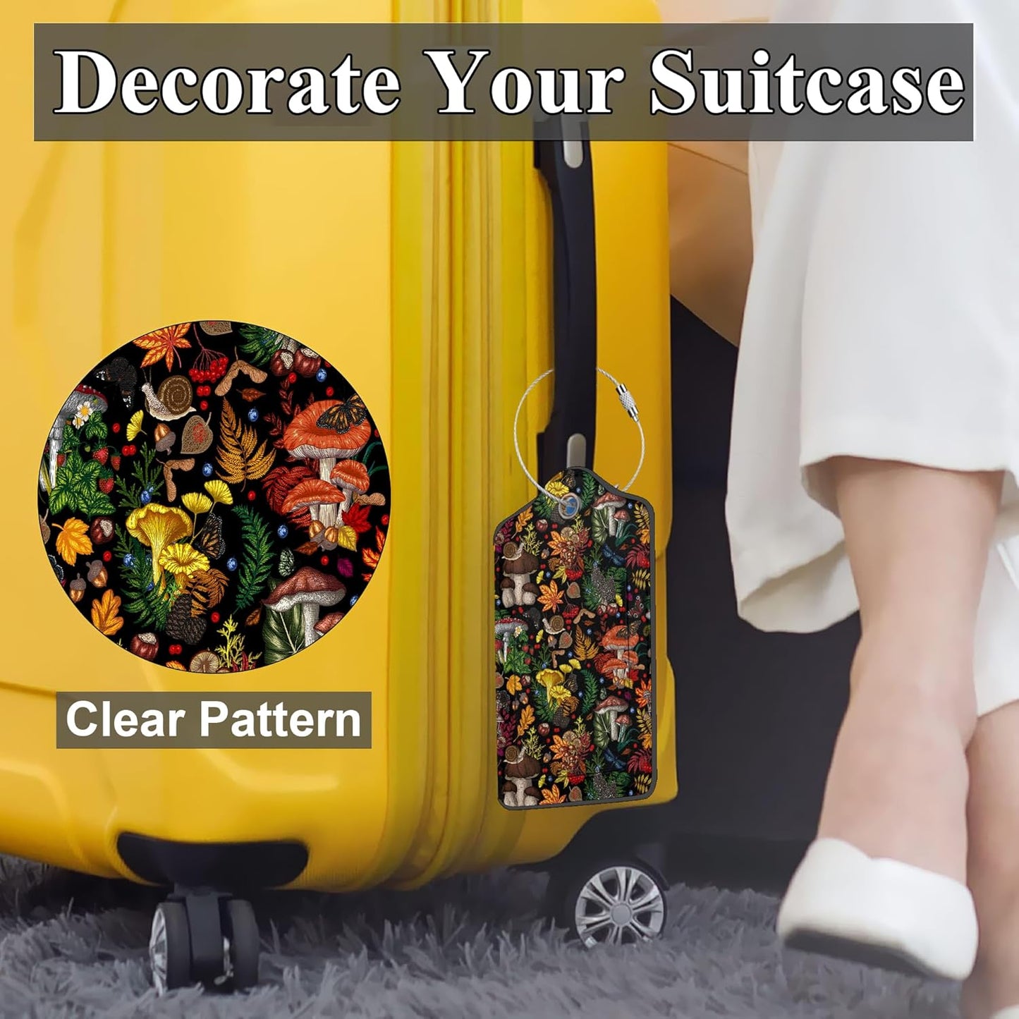 Psychedelic Mushrooms PU Leather Luggage Tags for Suitcase, Butterflies Insects Travel Cruise 2 Pack with Privacy Flap, Name ID Label and Metal Loop for Women Men Girls Baggage Bag