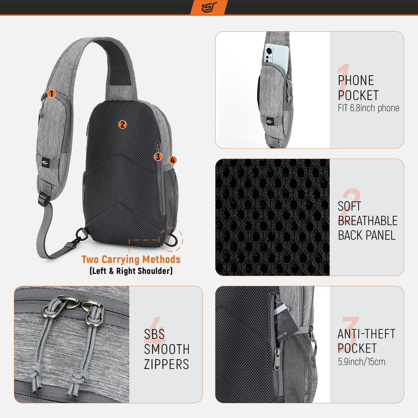 SKYSPER Sling Backpack with RFID Pocket Lightweight Crossbody Bag for Hiking Travel Shoulder Chest Bag for Men Women