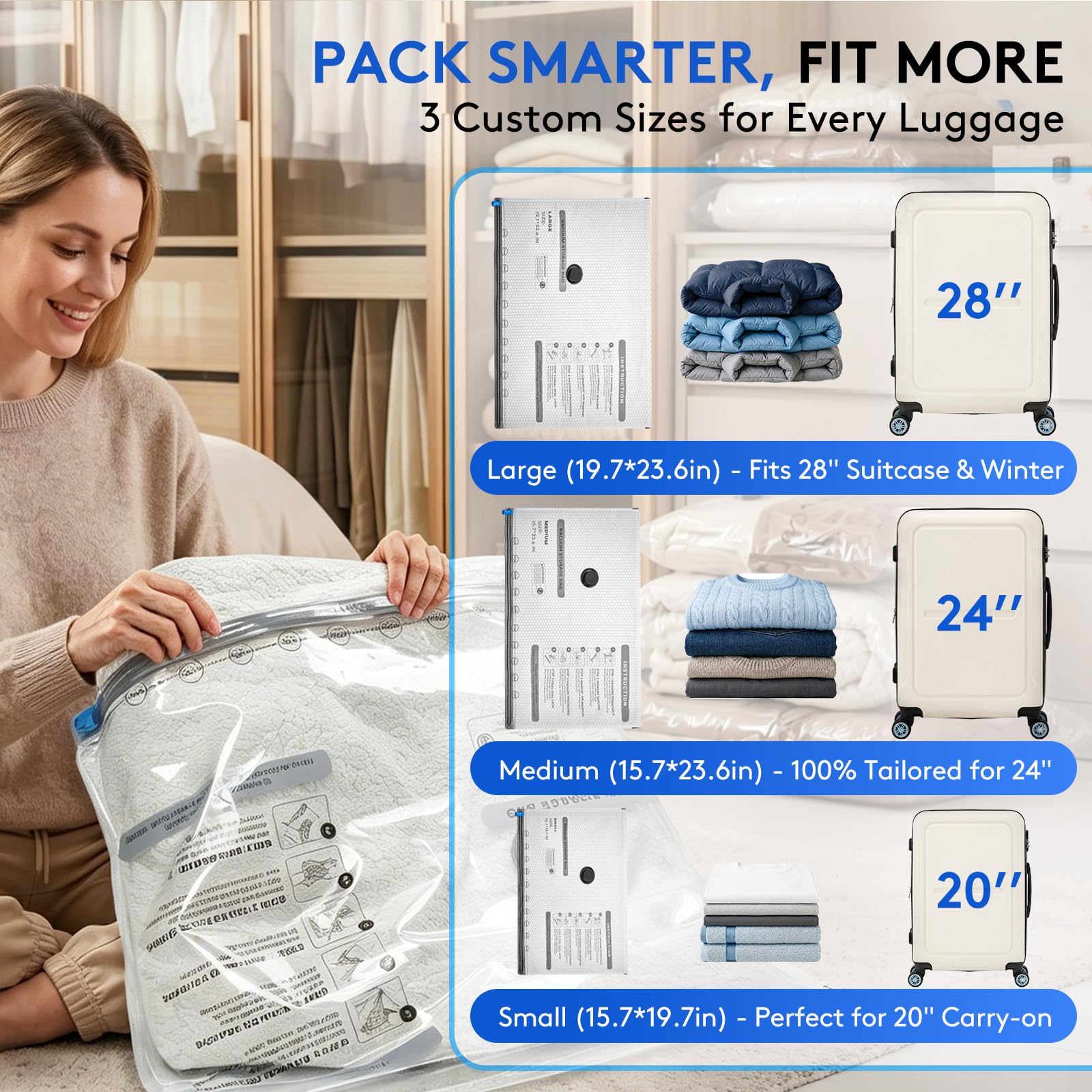 15+1 Packs Vacuum Bags for Travel with Rechargeable Pump, 3 Sizes Vacuum Seal Bags for Clothing