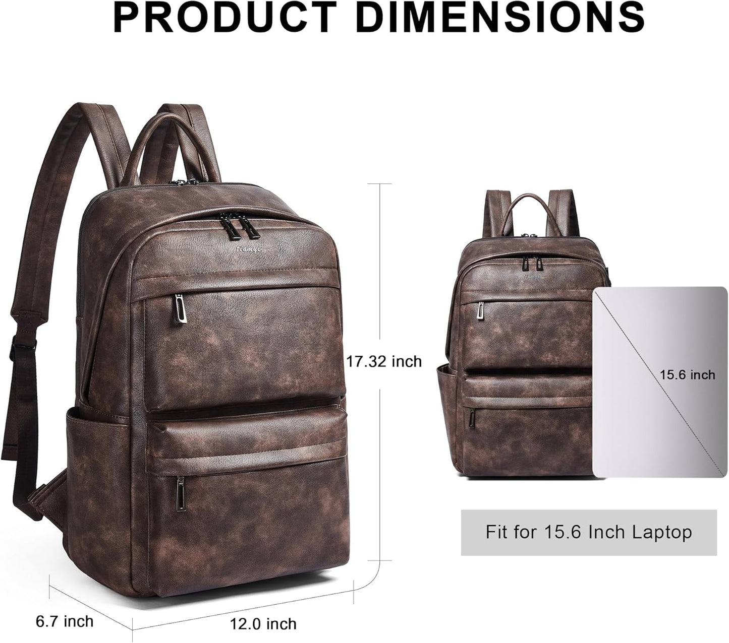 Leather Laptop Backpack for Women, Fits 15.6 Inch Laptop, Leather Backpack with 2 Water Bottle Pockets, Hidden Zipper and Luggage Strap, Ideal for Work, Travel, College, Everyday Use, Coffee