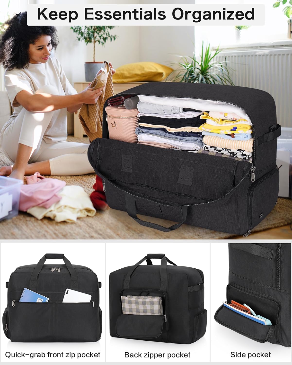 80L Foldable Large Travel Duffle Bag for Men and Women, Packable Duffel Bags with Shoe Compartment, Water Repellent & Tear Resistant (Black)