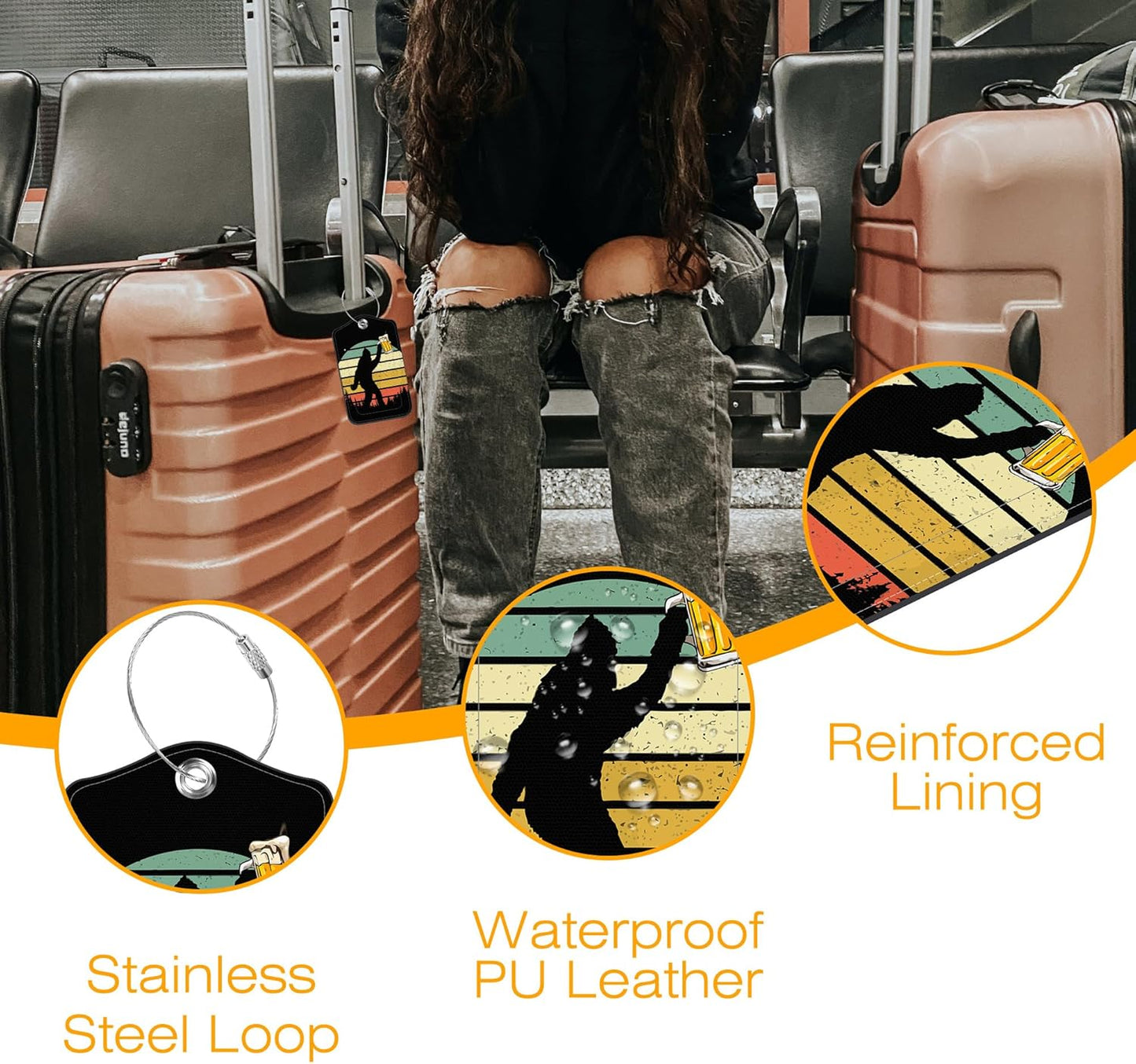 Sasquatch Luggage Tag for Suitcase 3 Pack Leather Luggage Tag with Privacy Flap Name ID Label and Metal Loop for Women Men Travel
