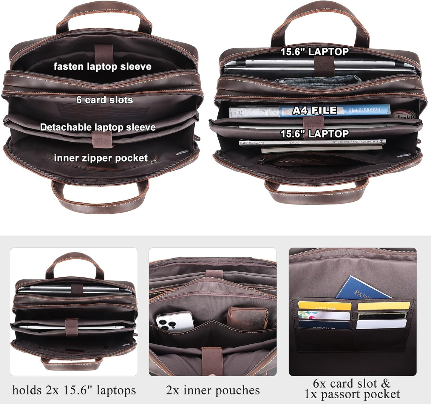 Masa Kawa Leather Briefcase for Men 15.6", 17" Laptop Computer Case Business Travel Work Messenger