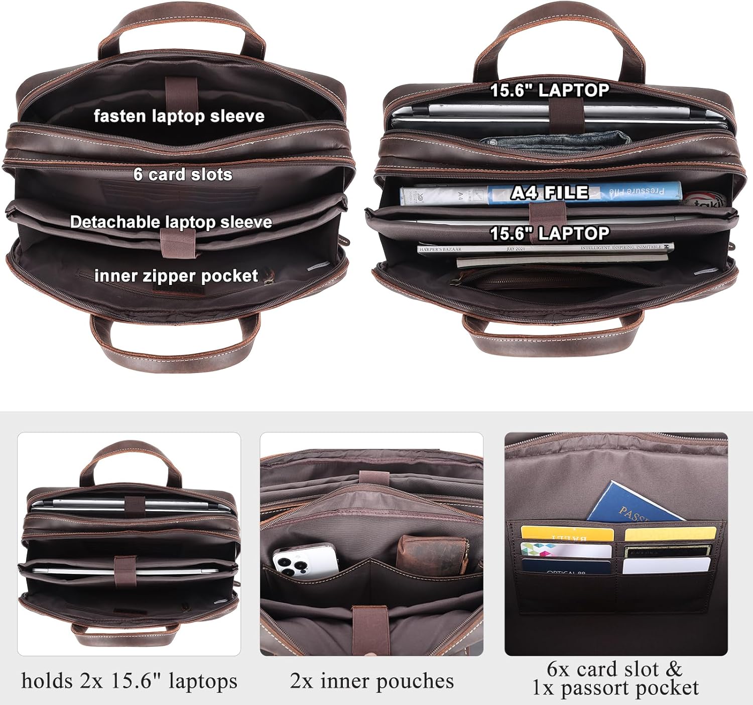 Masa Kawa Leather Briefcase for Men 15.6", 17" Laptop Computer Case Business Travel Work Messenger