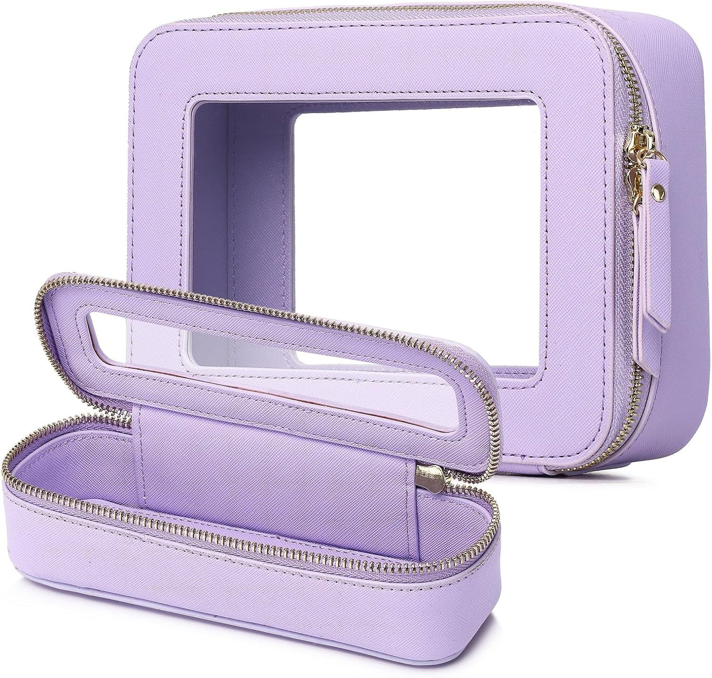 Clear Travel Makeup Bag with Brush Case Portable Transparent Cosmetic Bag and Toiletry Bag Waterproof Makeup Organizer with Zipper Car Essential for Women (Purple, M+Slim)
