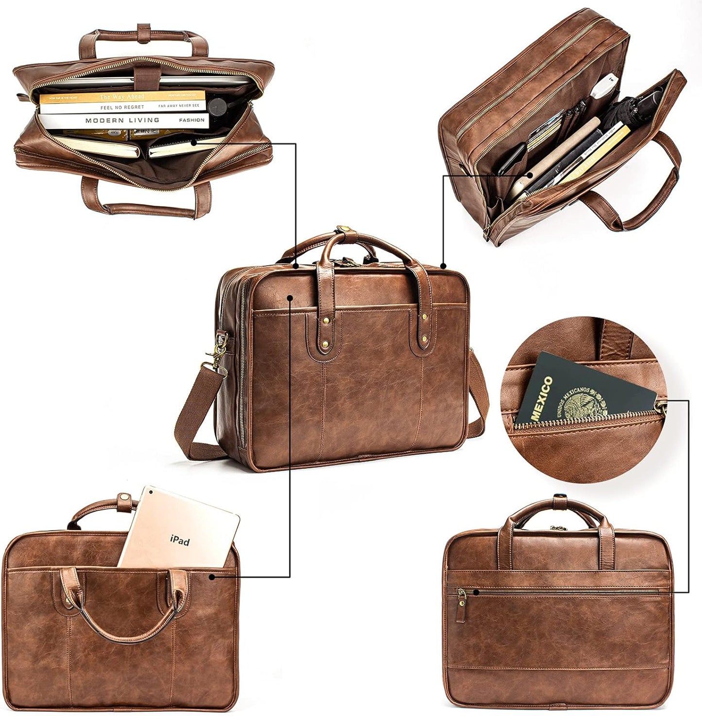 Leather Briefcases for Men 15.6 Inch Business Computer Bag Laptop Bag for Men Water Resistance Travel Messenger Bag