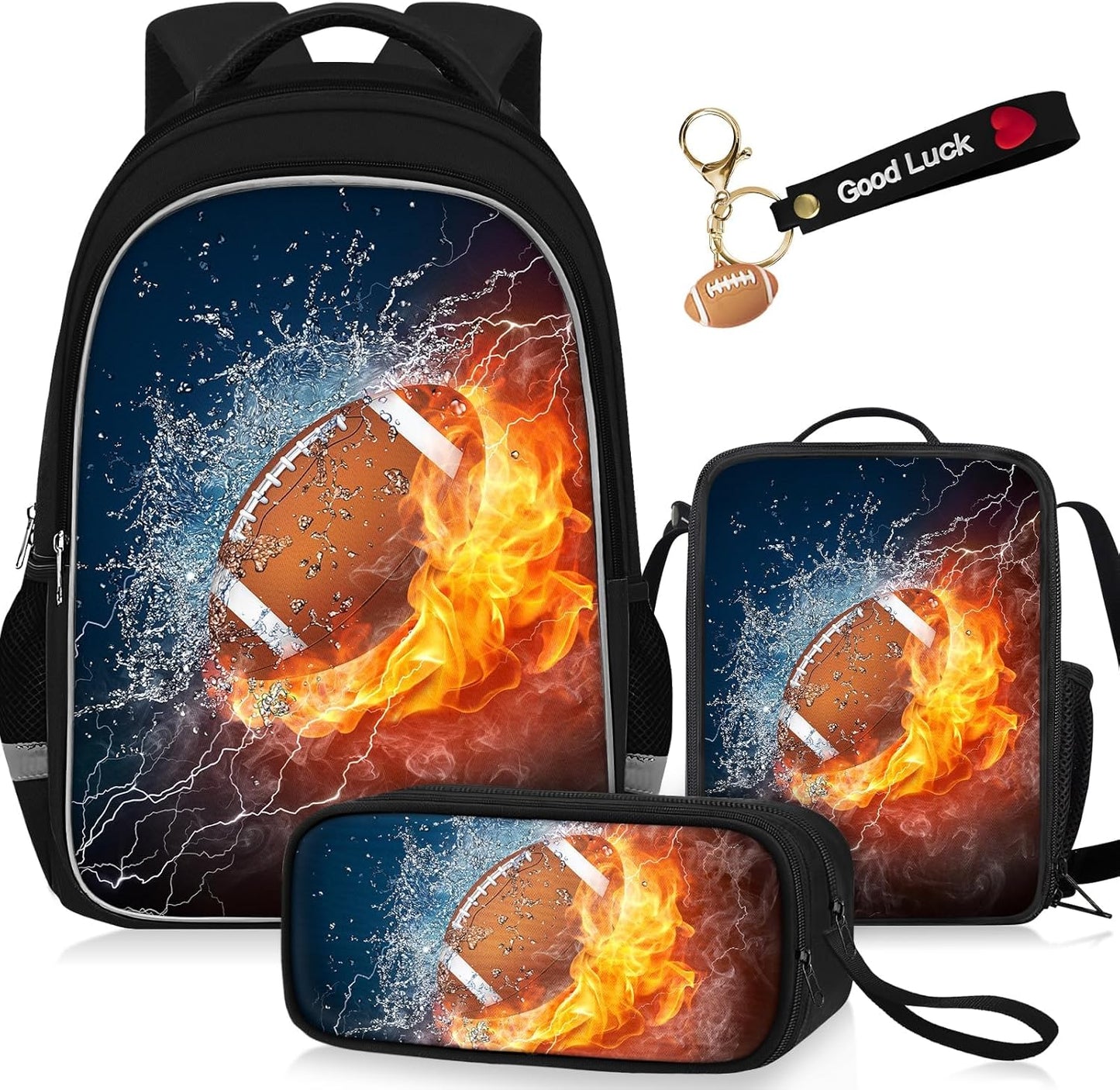 School Backpack for Boys - 4pcs Ameriacn Football Boys Backpack with Lunch Box and Pencil Case for Kids Children Teens Elementary Middle School - Students Bag for Ages 6-18,17″Bookbag Travel Back Pack