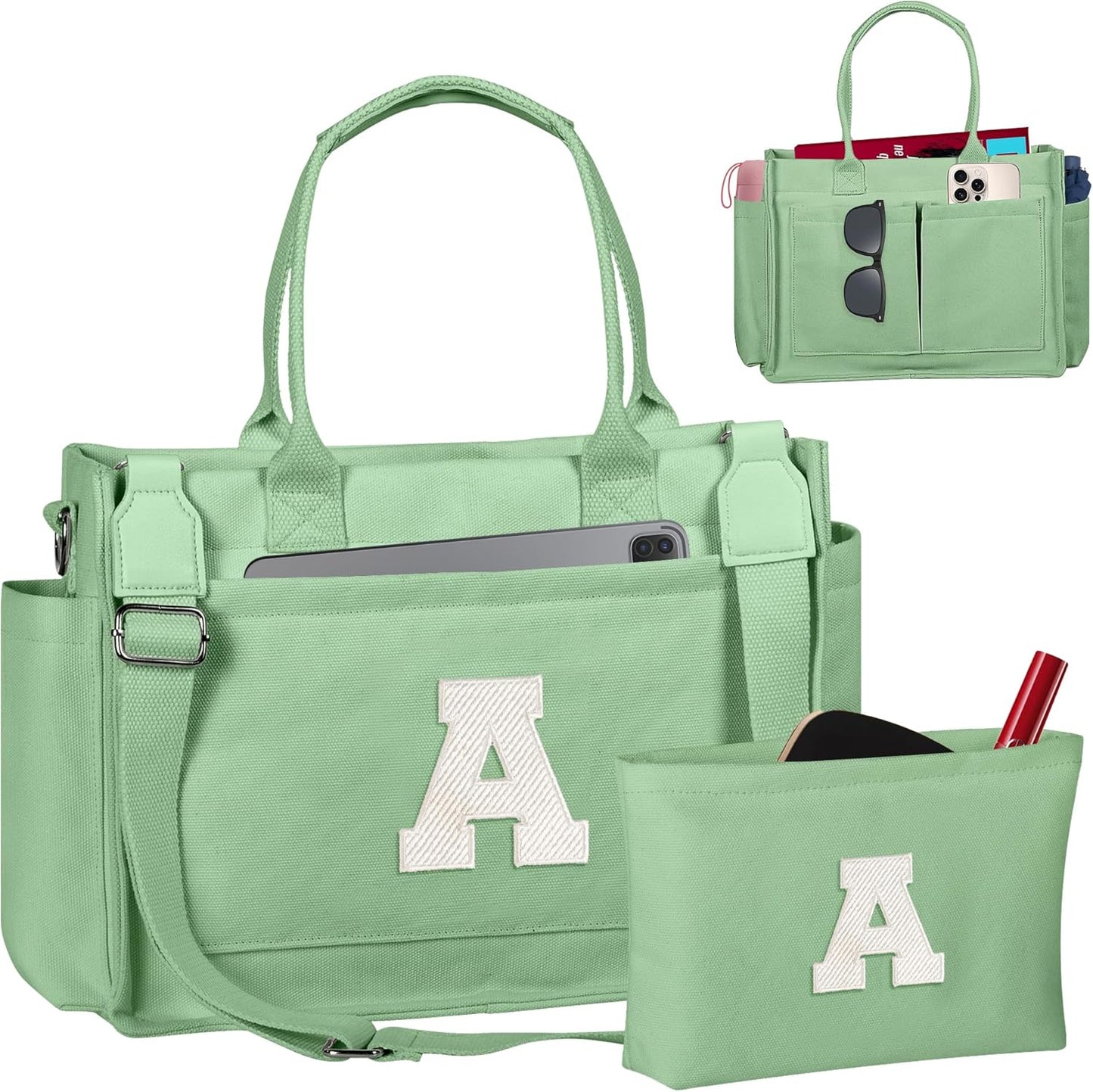 Gifts for Women Teen Girls, Initial Tote Bag with Zipper, Letter Canvas Tote Purse for College Work Laptop Beach