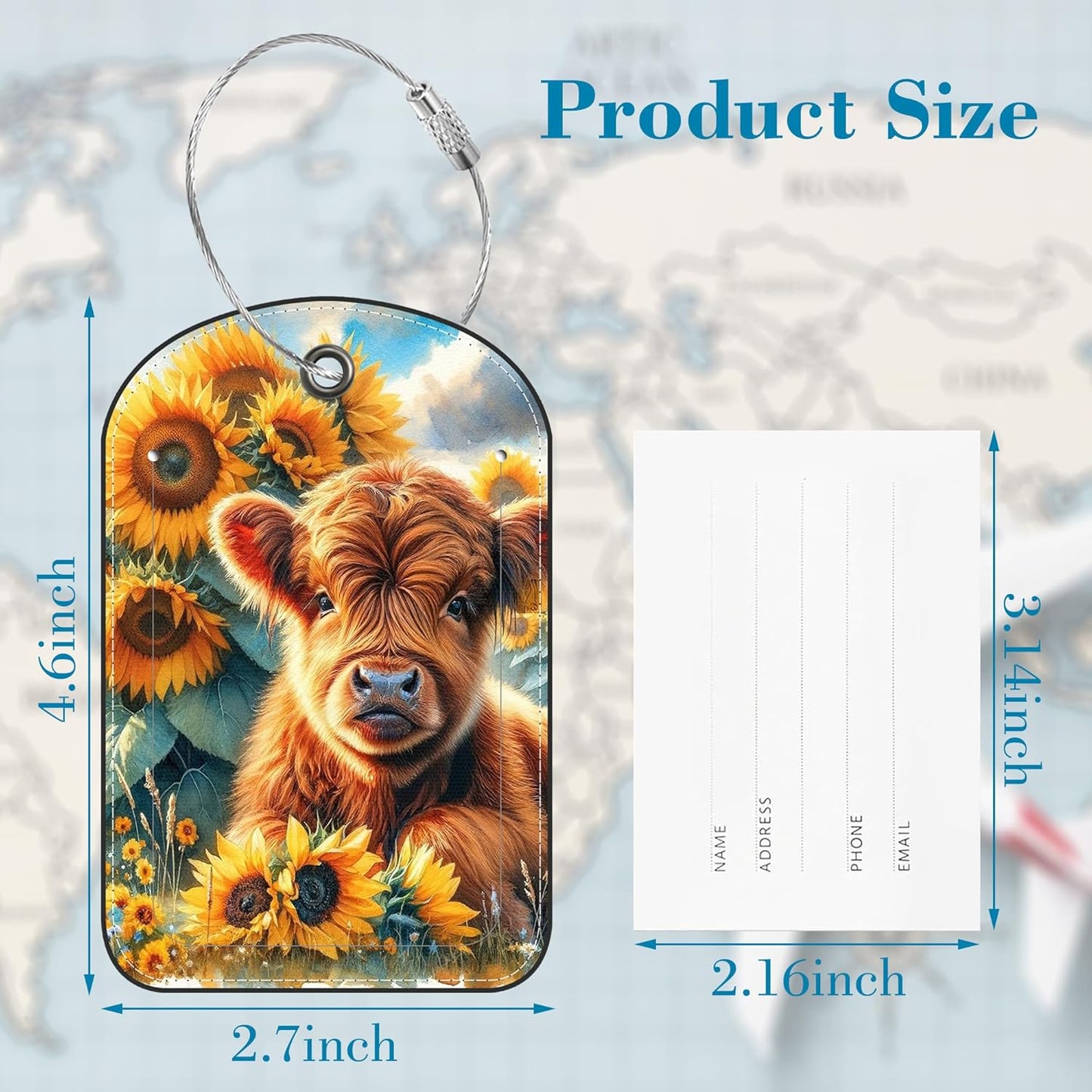 2 PCS Leather Luggage Tags for Suitcase Highland Cow in Field of Sunflower Travel Luggage Tag with Privacy Flap Name ID Label and Metal Loop for Travel Bag Suitcase