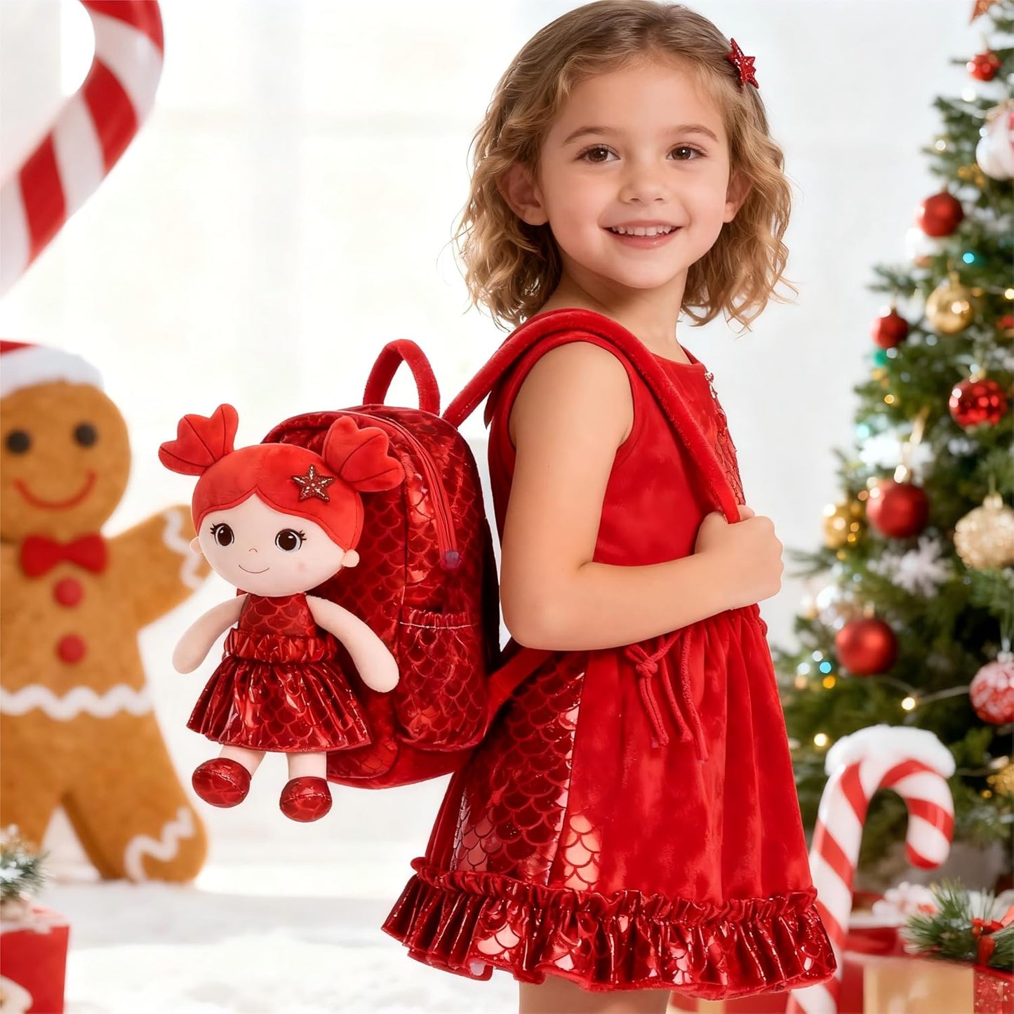 Lazada Toddler Backpack - Baby Girl Gifts Plush Doll Dress Backpack - Fashion Girls Tina Fish Scale Series - Red 11 Inches