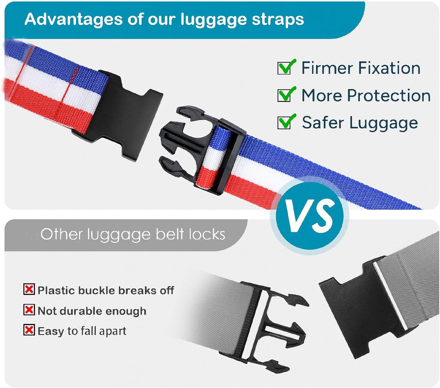 Nylon Luggage Straps Suitcase Belt Travel Accessories with Adjustable Buckle,Heavy Duty Strap Bright Colors for Easy Identification, 2 Packs Blue-White-Red 2M