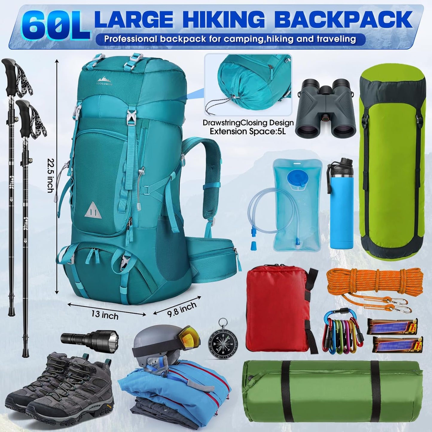 IGOLUMON 60L Hiking Backpack Waterproof Camping Backpack with Rain Cover Large Lightweight Backpacking Backpack for Men Women