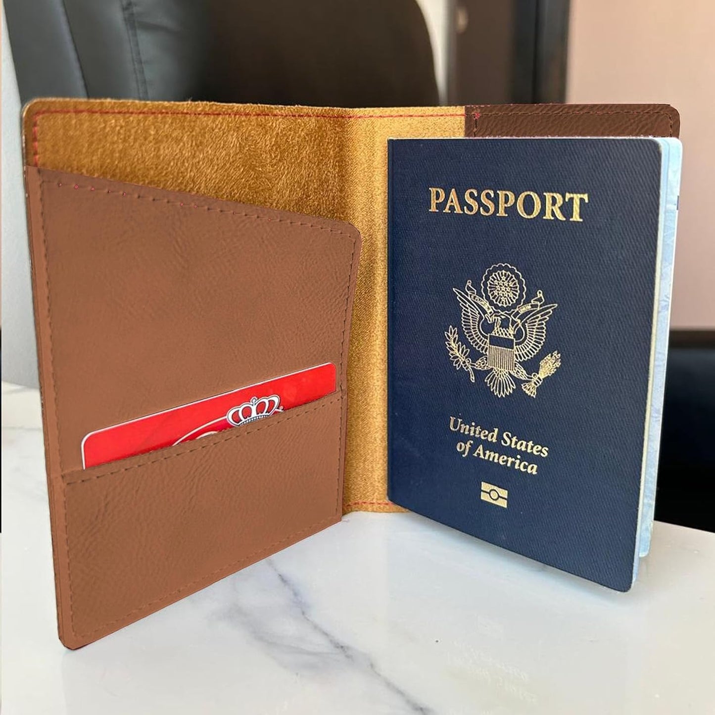 LaserGram Faux Leather Passport Holder, Coat of Arms Dominican Republic, Personalized Engraving