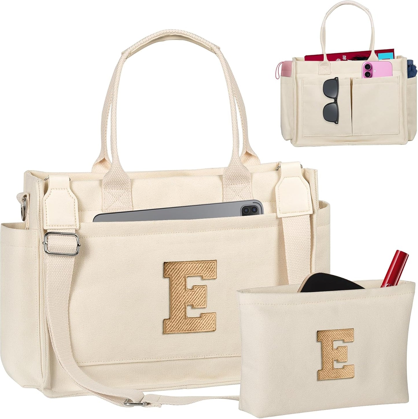 Gifts for Women Teen Girls, Initial Tote Bag with Zipper, Letter Canvas Tote Purse for College Work