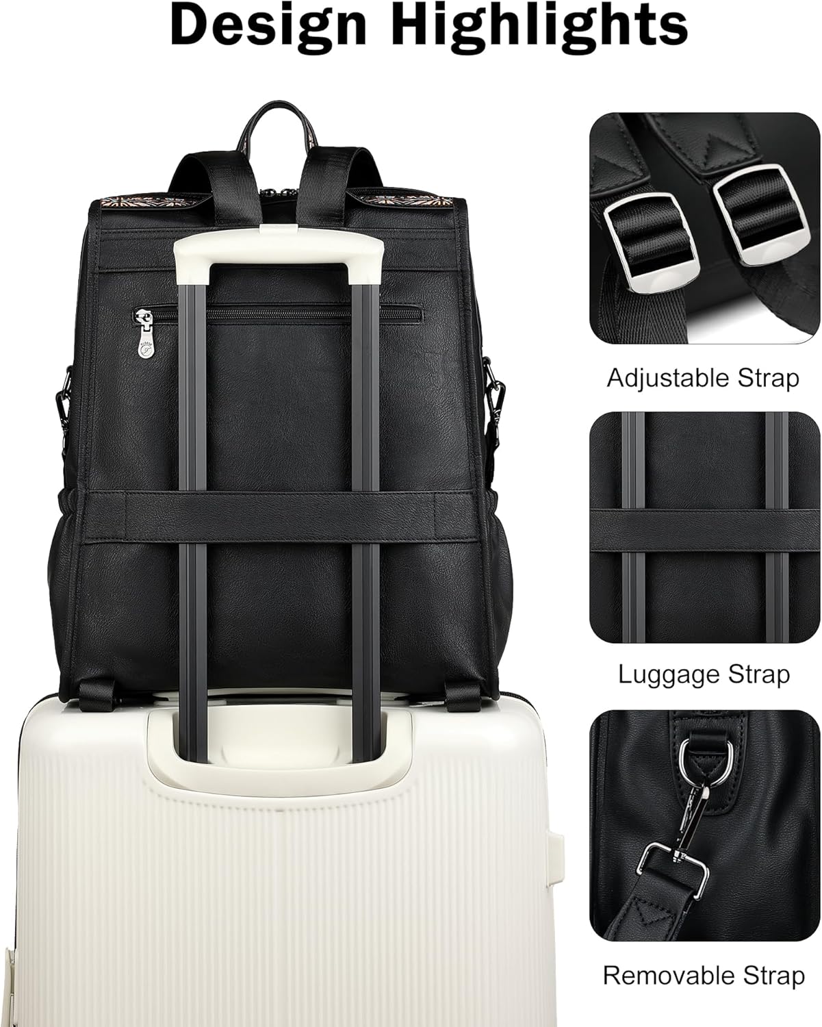 FADEON Leather Laptop Backpack for Women, Designer Ladies Work Travel Computer Backpack with Laptop Compartment Purse Black