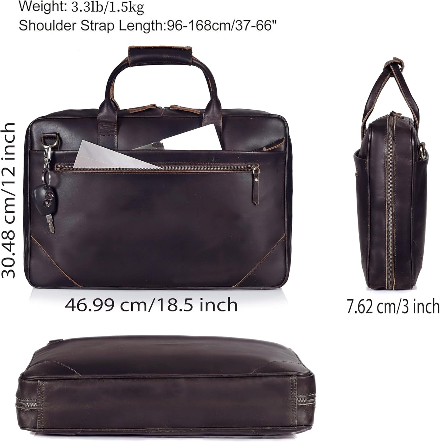 Full Grain Leather Slim Briefcase for Men Laptop Messenger Shoulder Brown Vintage Attache Computer Business Work Lawyer Bag