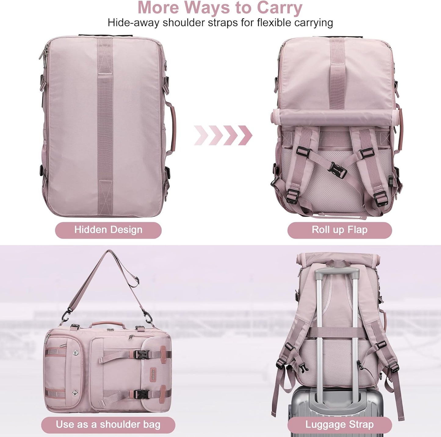 PIJUSHI Travel Backpack for Women Carry on Luggage Backpack Flight Approved Convertible Duffle Bag Fit 16 Inch Laptop(PE037 Light Purple)