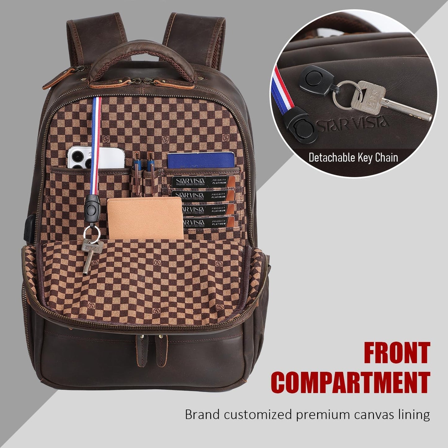 STAR VISTA 15.6" Raphael Vintage Full Grain Leather Laptop Backpack for Men, Multi Pockets, Casual Outdoor Business Travel Rucksack, YKK Zippers, Dark Brown