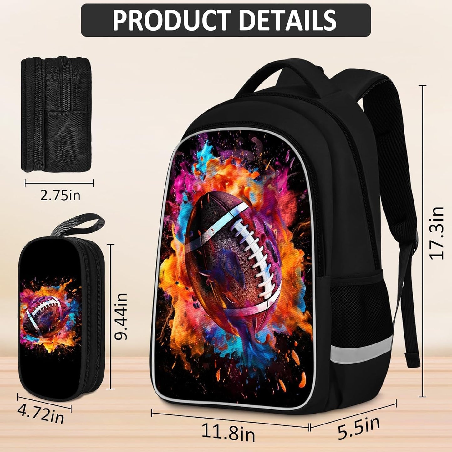 School Backpack for Boys - 4pcs Ameriacn Football Boys Backpack with Lunch Box and Pencil Case for Kids Children Teens Elementary Middle School - Students Bag for Ages 6-18,17″Bookbag Travel Back Pack