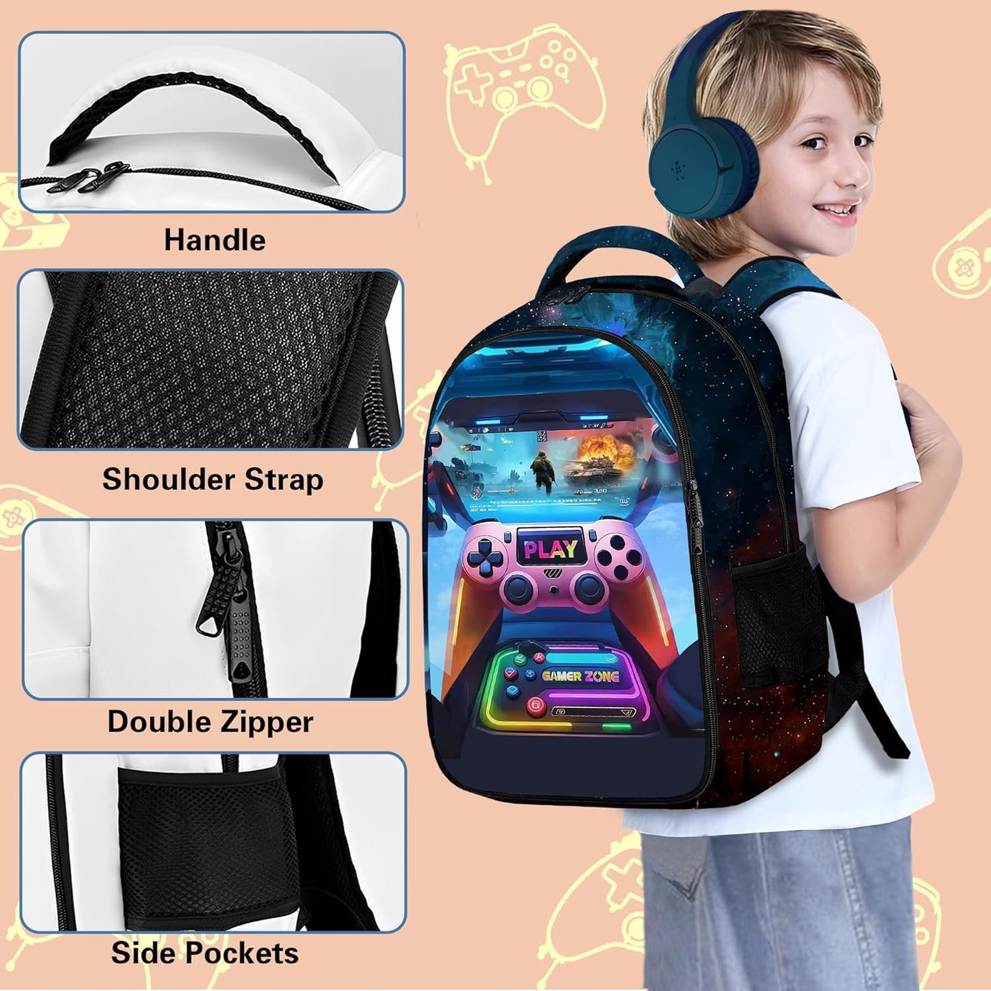 Game Backpack Set for Boys, Gaming Backpack 3 Pack, Boys Lunch Box, and Pencil Bag for Kids, 17"