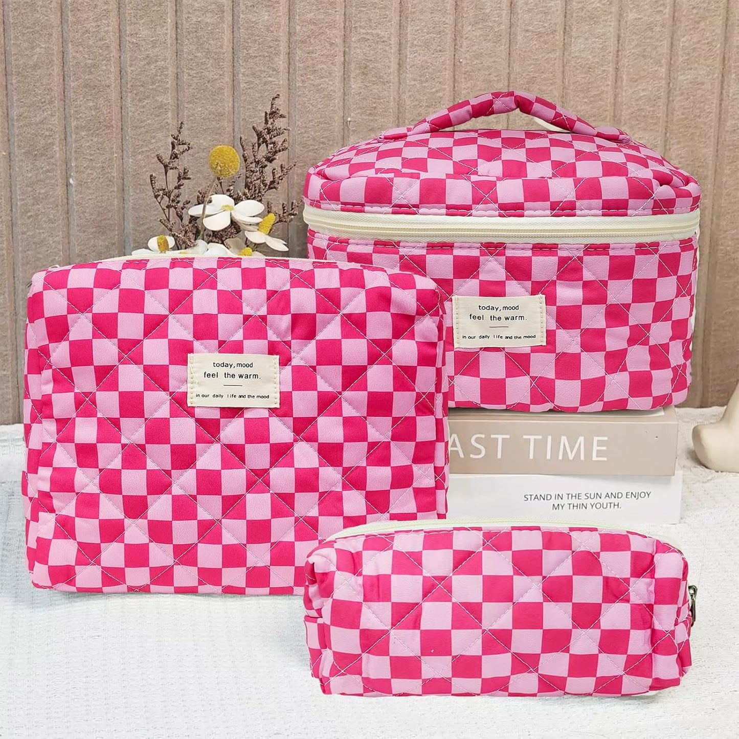 Quilted Makeup Bag, Large Capacity Travel Cosmetic Bag for Women and Girls, Aesthetic Storage for Daily and Travel Use (3pcs-PinkChecker)