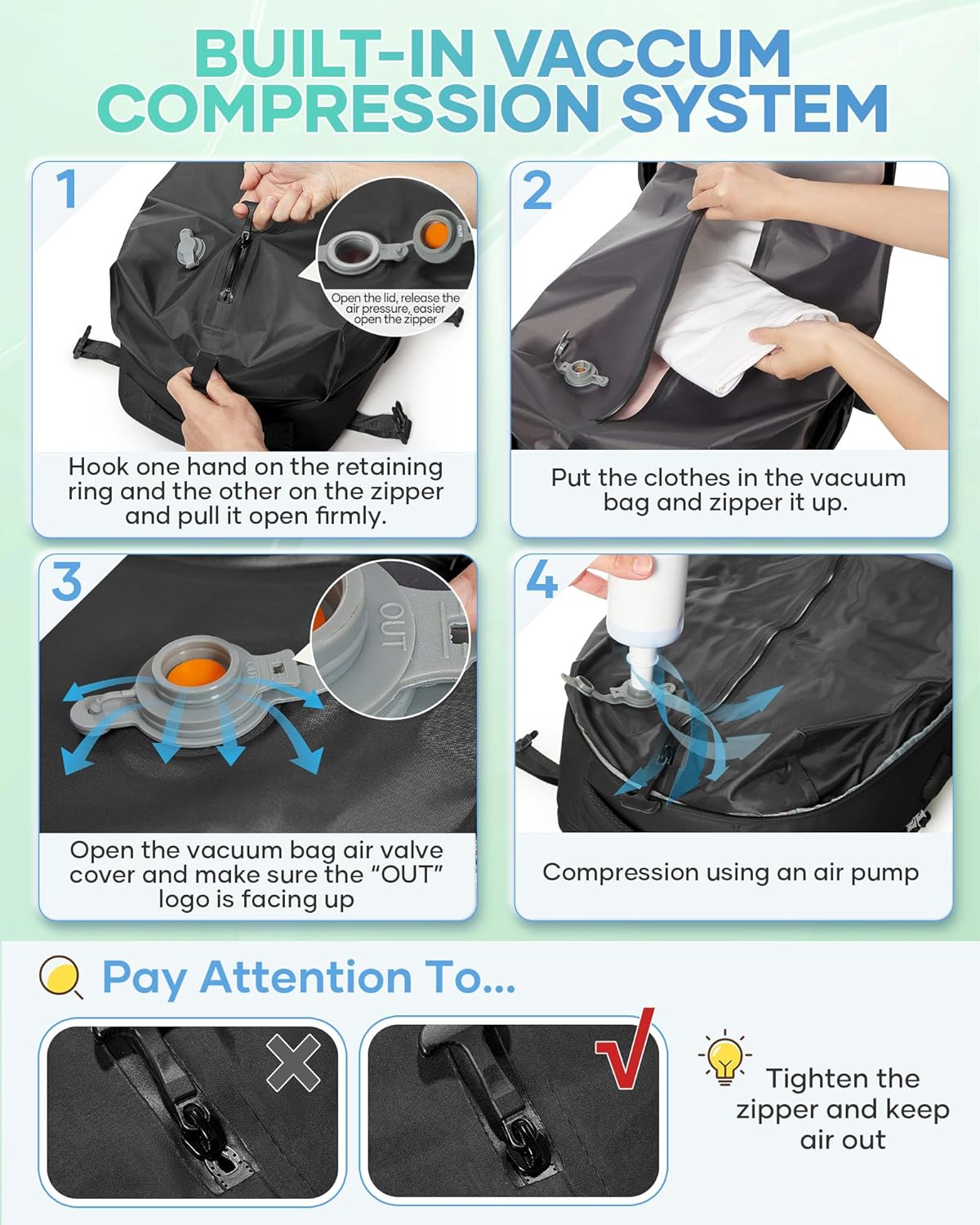Vacuum Backpack Travel with Pump, Vacuum Seal Backpack 18x14x8 Personal Item Travel Bag Spirit Airlines Approved, Casual Daypack Mochila de Viaje Compresion al vacio, Black