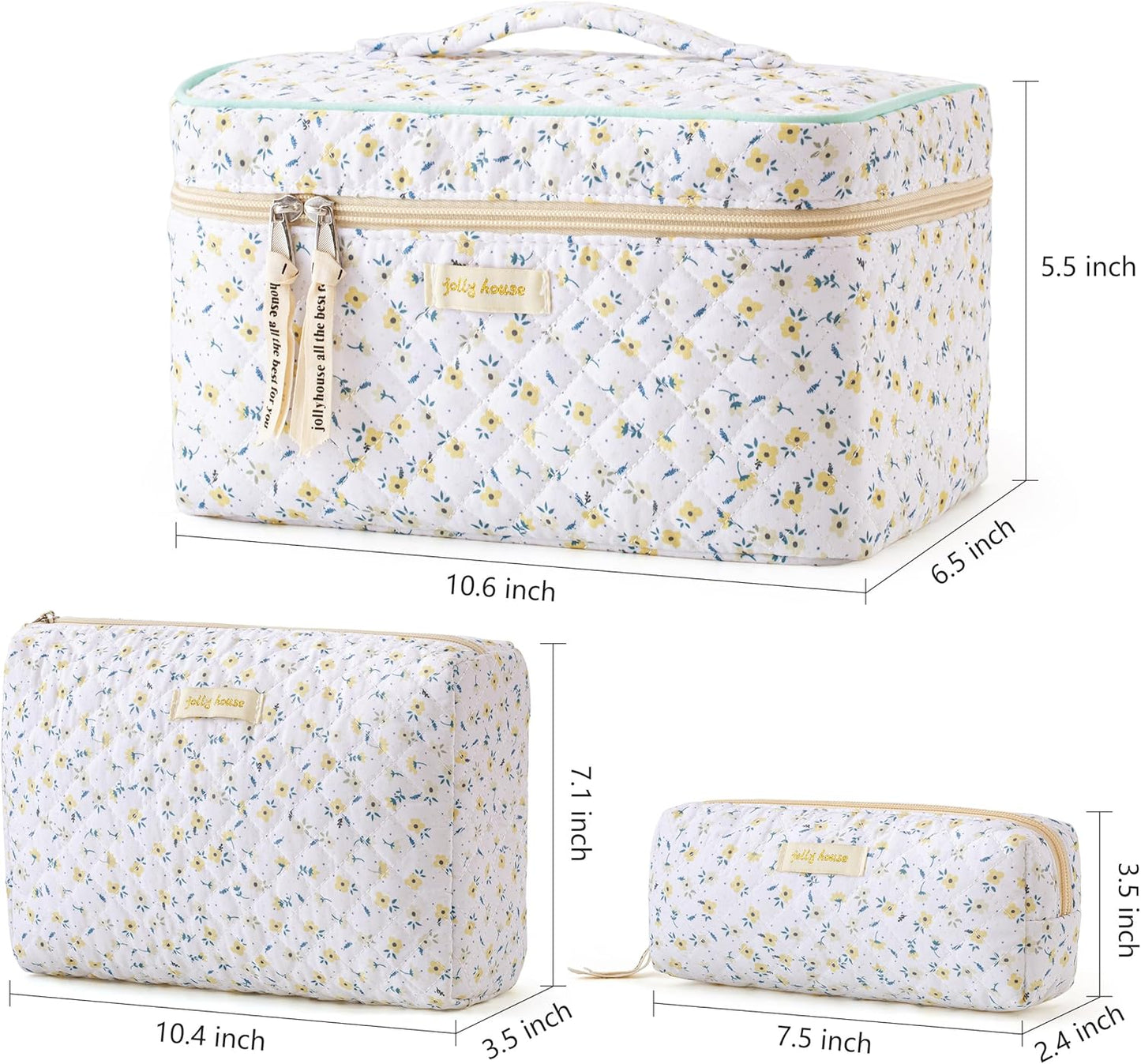 HBselect Quilted Makeup Bag, 3PCS Cotton Large Travel Makeup Bag, Cute Floral Coquette Make up Bag