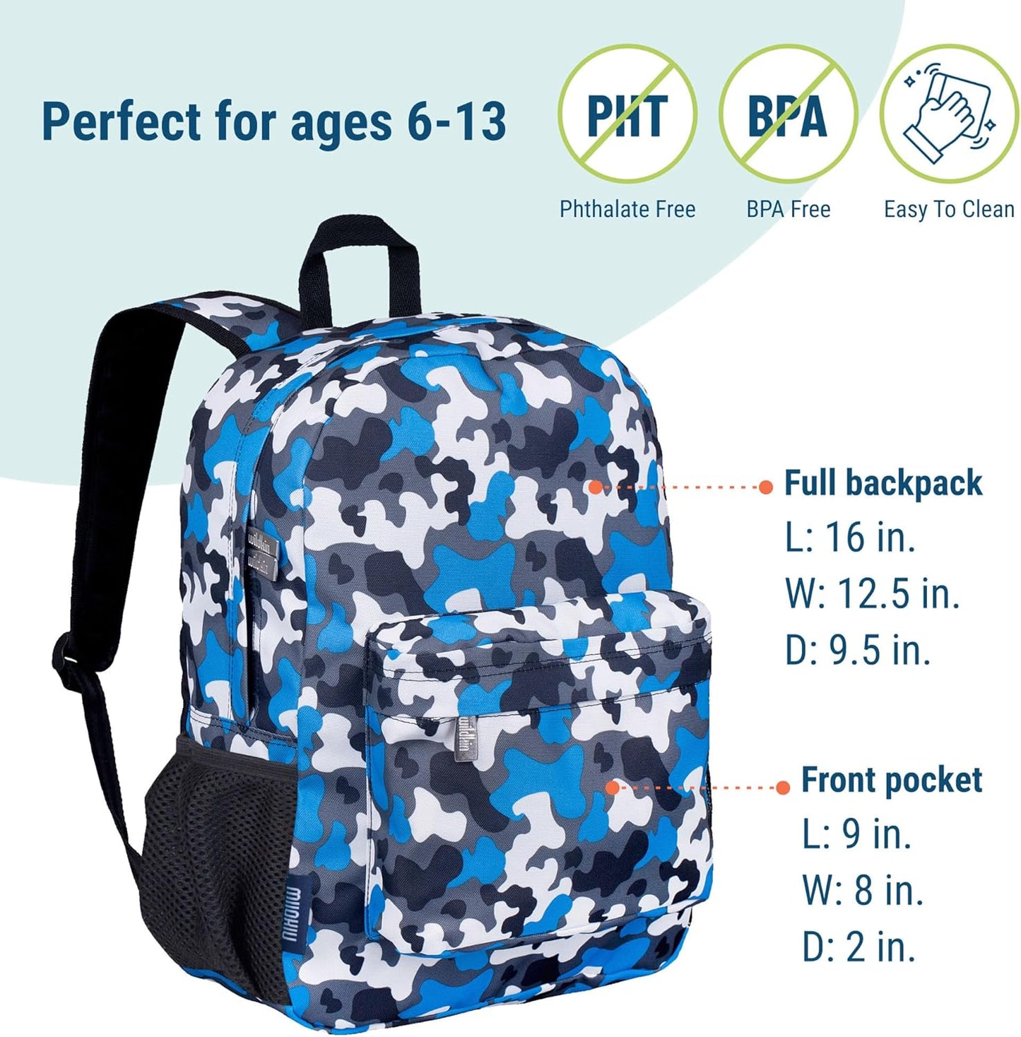 Wildkin 16-inch Kids Backpack – Durable, Padded & Spacious School Bag for Boys & Girls - Blue Camo