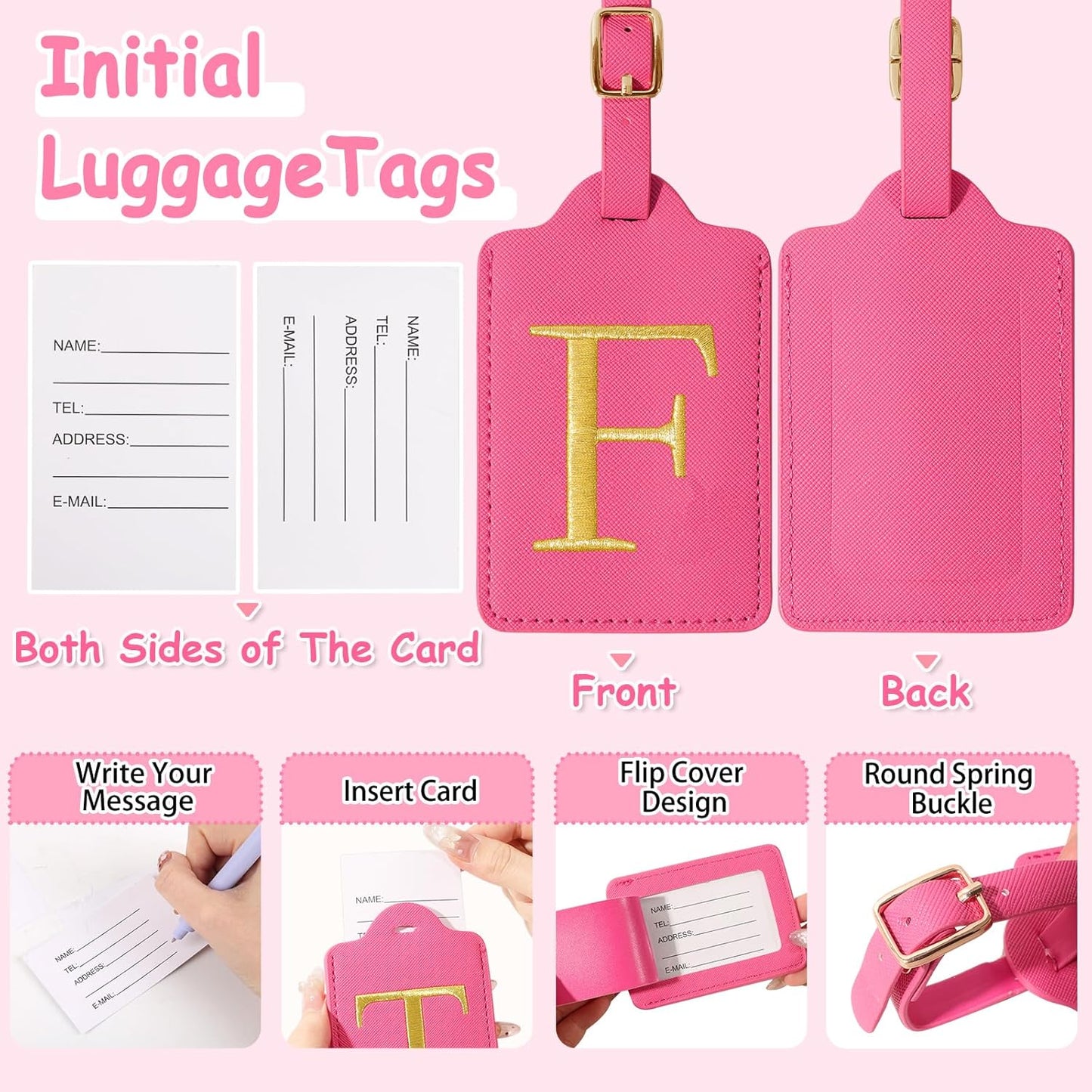 Initial Letter Luggage Tags for Suitcases, Embroidered Monogrammed Suitcase Luggage Identifier Name Tag, PU Leather TSA Approved Luggage Tags, Bag Tags for Men Women Kids Luggage Handbags(Rosered F)