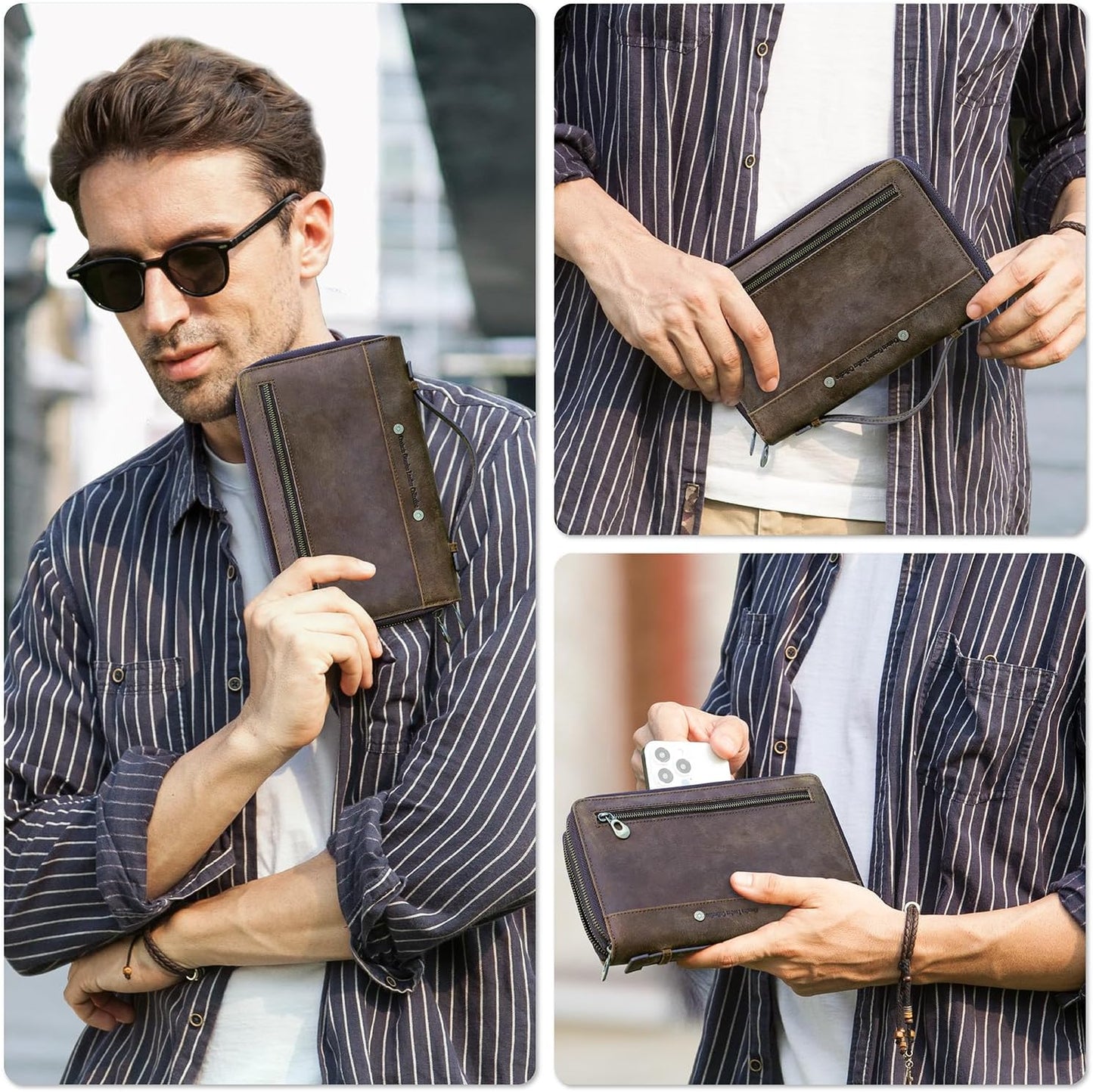 Top Grain Genuine Leather Clutch Wallet Bag with Hand Strap for Man & Woman, Handmade Minimalist Vintage Design, 2 Zip Pockets & Multi Slots, RFID Large Capacity for Cards/Phone/Check/Banknote, Coffee
