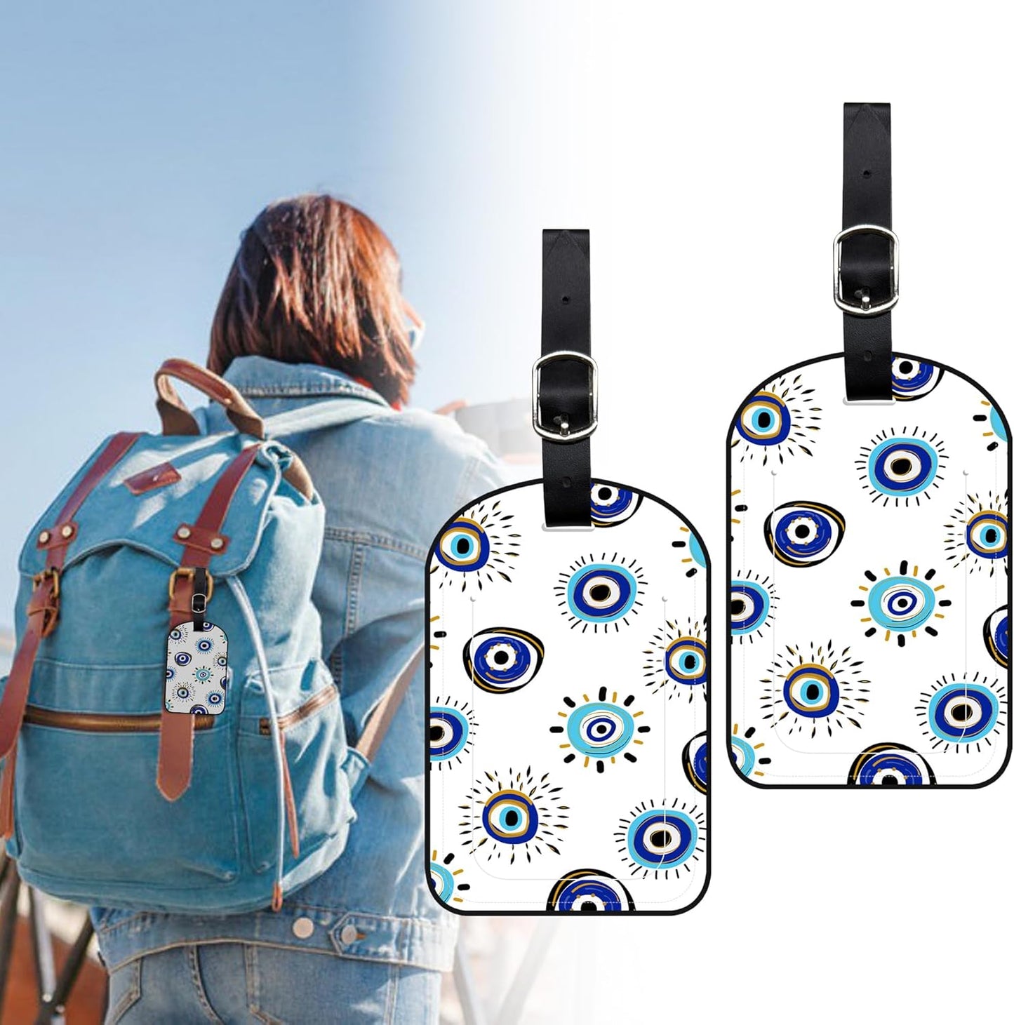 2 Pack Luggage Tags Evil Eye PU Leather Baggage Handbag Suitcase Tags with Secure Strap Privacy Cover ID Labels,Business Travel Baggage Tag Identifier