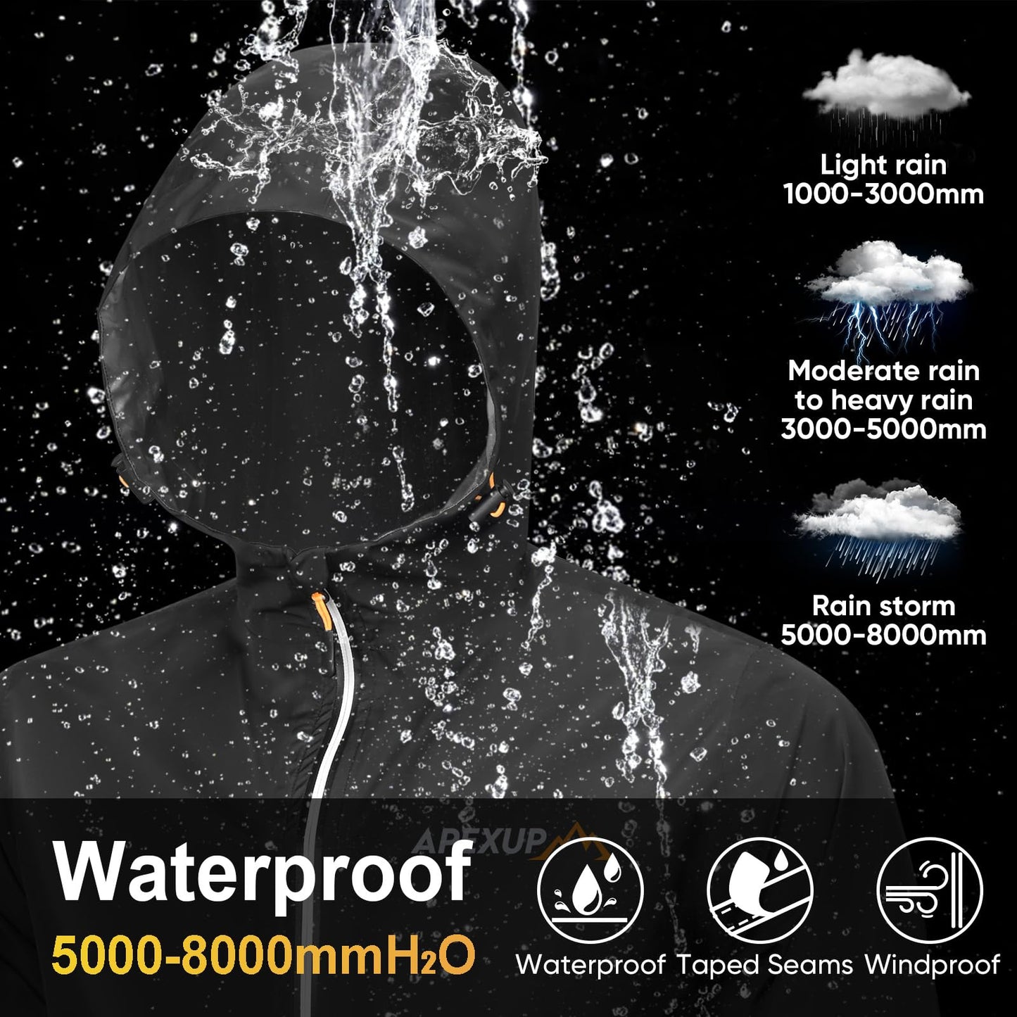 APEXUP Packable Rain Jacket Men with Reflective Zipper, Lightweight Waterproof Jacket Windbreaker
