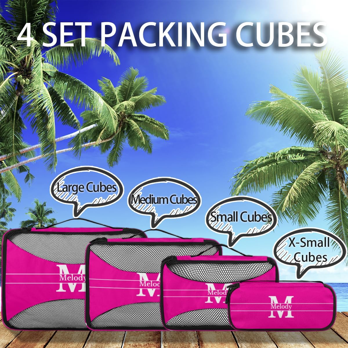 Custom 4 Set Packing Cubes for Travel, Personalized Deep Pink with Initial Letter Mesh Travel