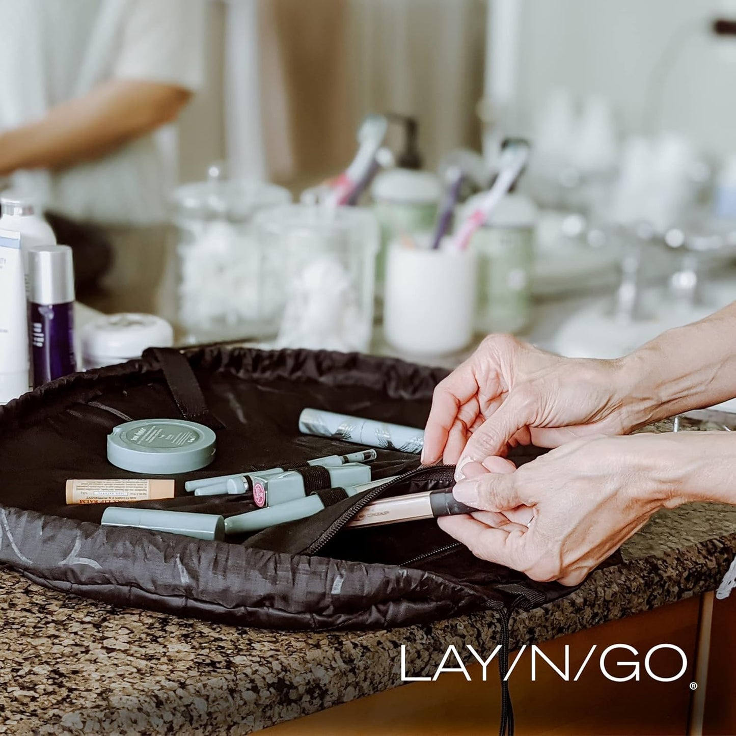 Lay-n-Go Cosmo Layflat Drawstring Cosmetic & Makeup Bag Organizer - Portable Drawstring Makeup Bag w/Zipper Pocket, Makeup Loops & More -Durable, Machine Washable Toiletry Bag (20", Metallic Silver)